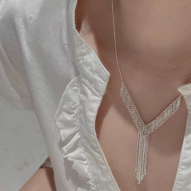 S925 Silver V Fringe Evening Necklace