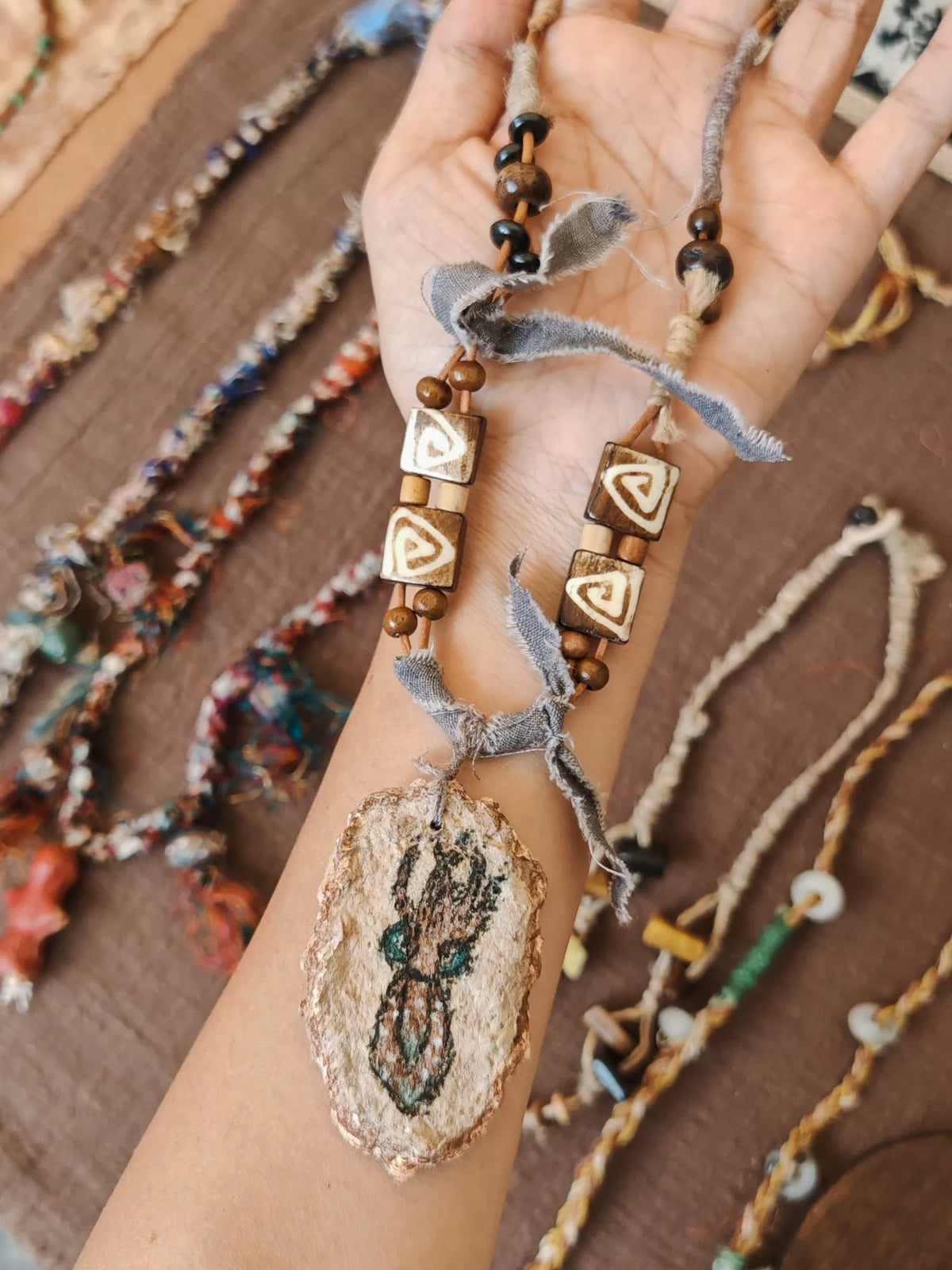 Hand Painted Fossil Pendant Yak Bone Necklace