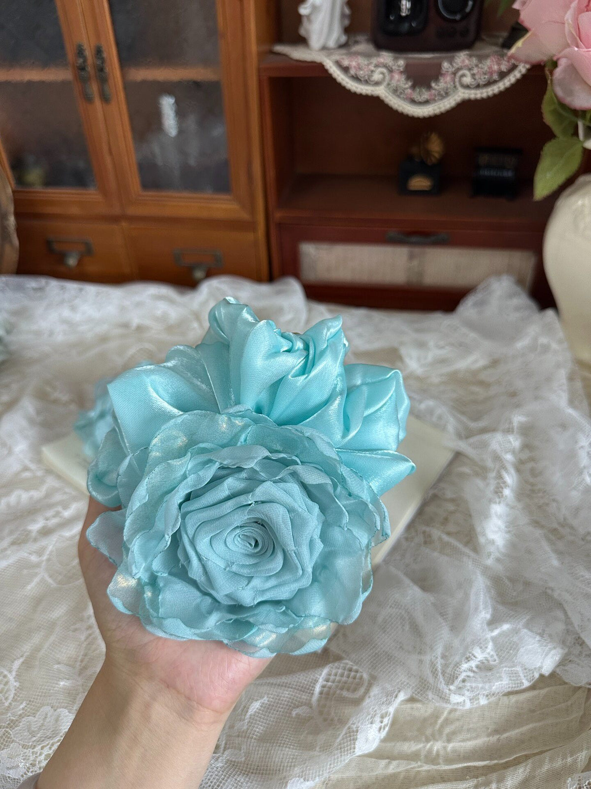 Handmade Fabric Rose Scrunchie Mint Blue
