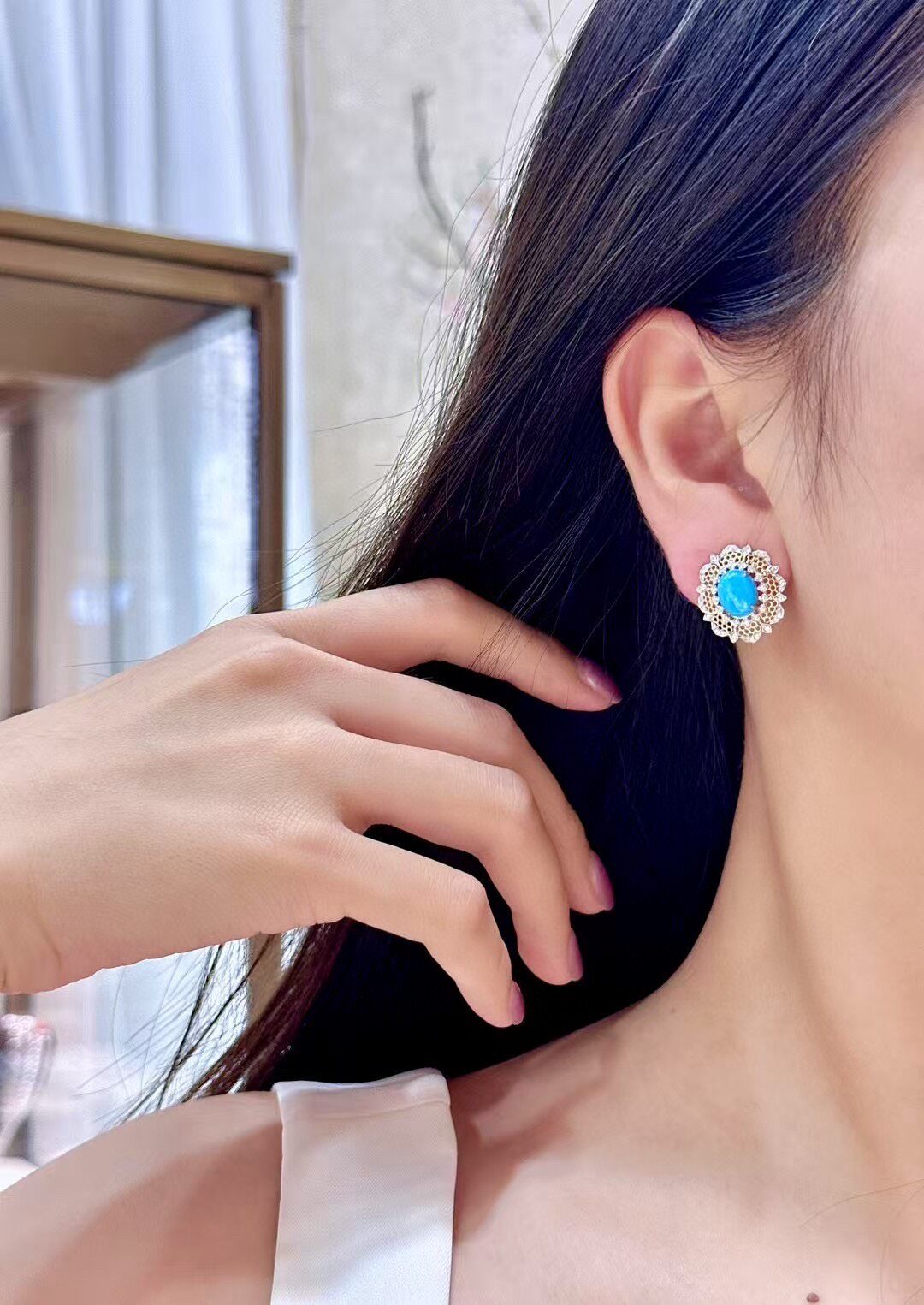 Sleeping Beauty Turquoise Diamond Lace Halo Earrings