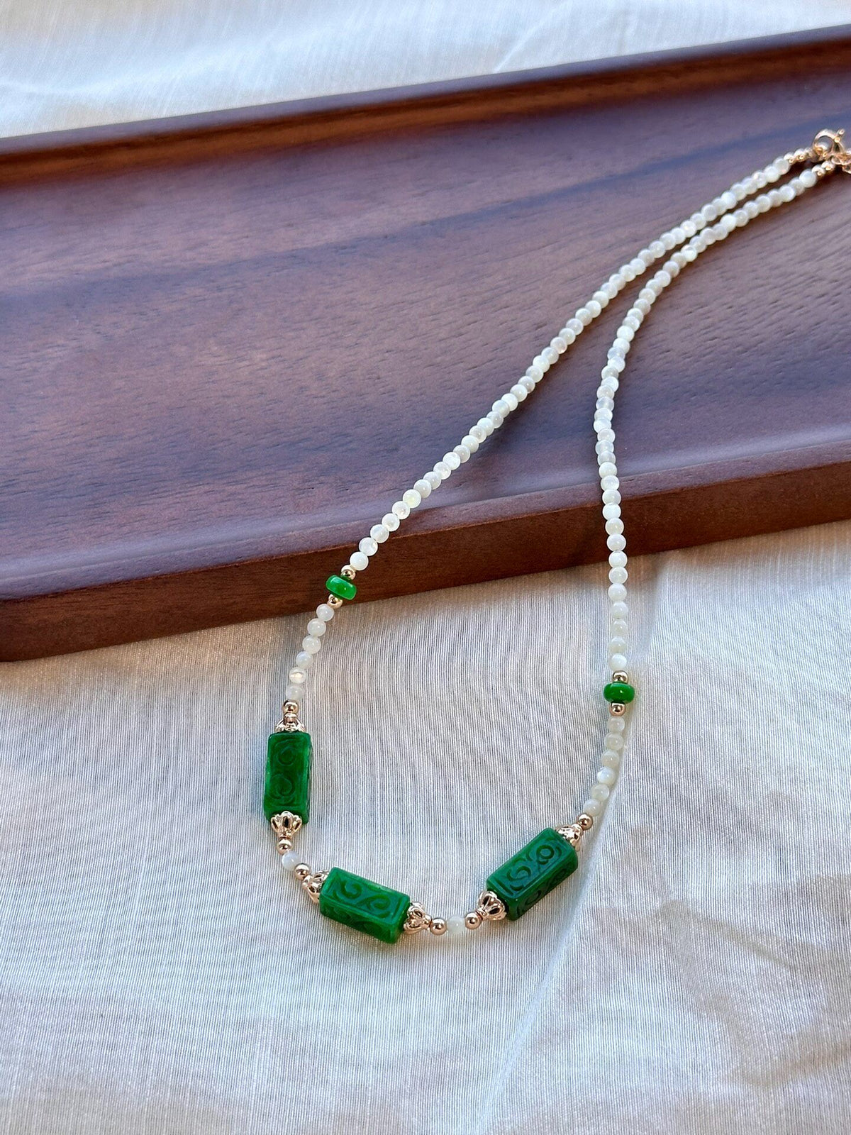 Jadeite Pearl Necklace Carved Ruyi Beads