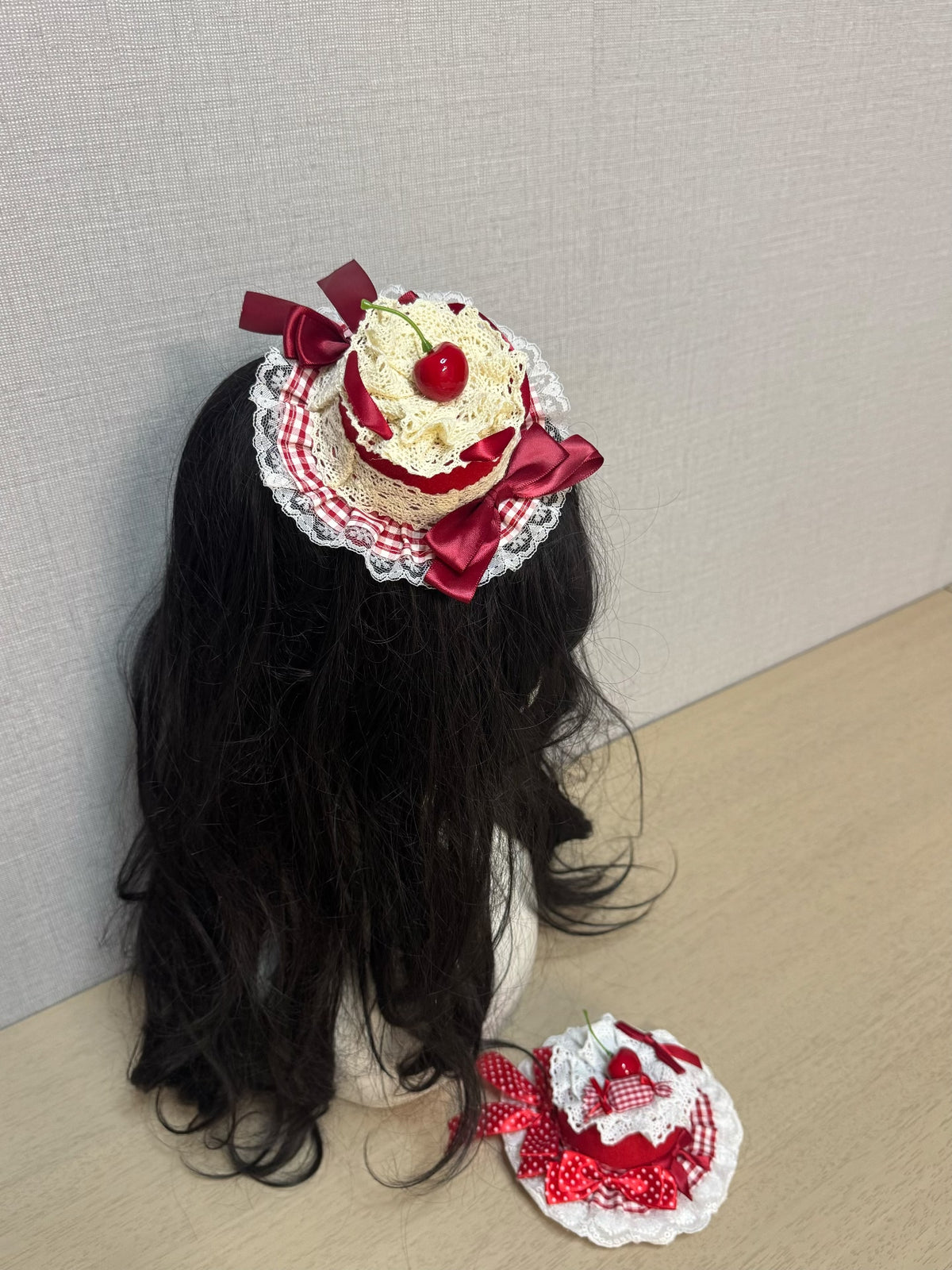 Cherry Lace Fascinator Hat with Cupcake Wrist Piece