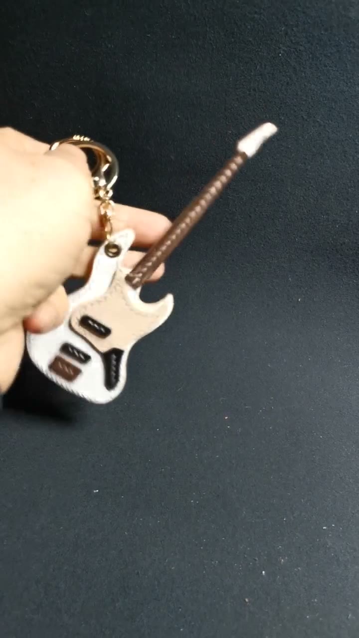 Hand Stitched Leather Guitar Keychain Bag Charm