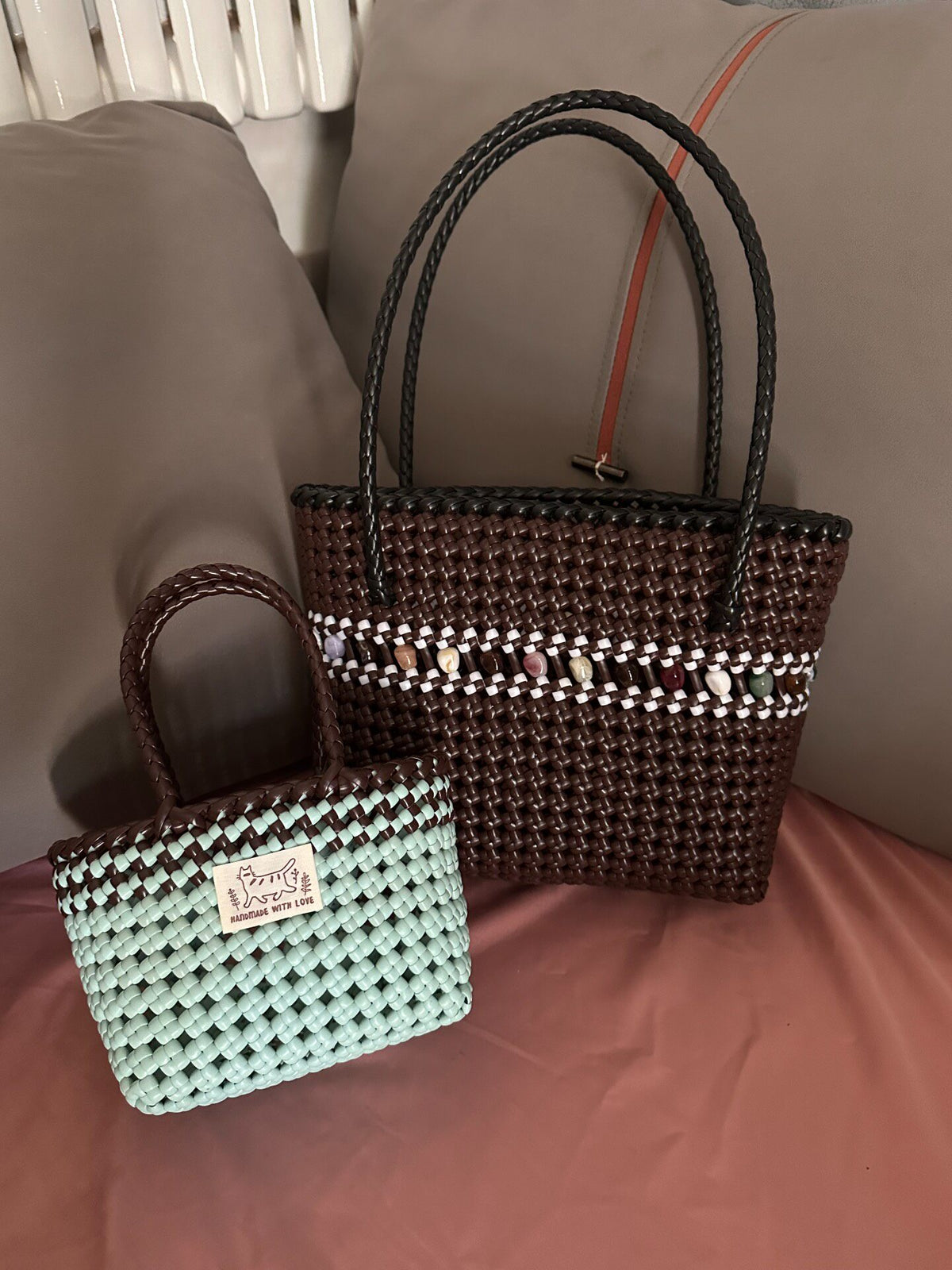 Handwoven Rattan Tote Bag with Beaded Accent