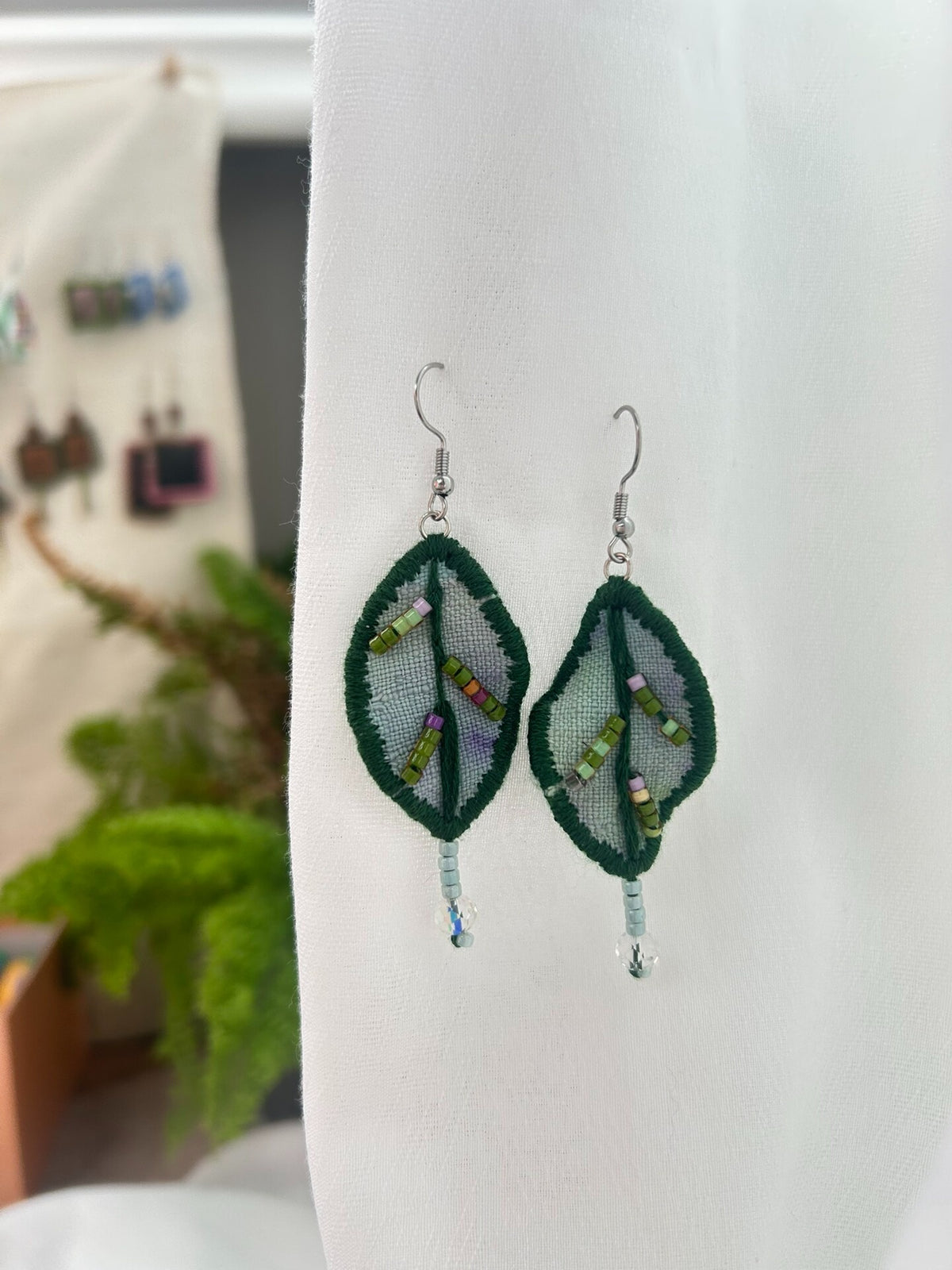 Handmade Fabric Leaf Earrings with Beadwork