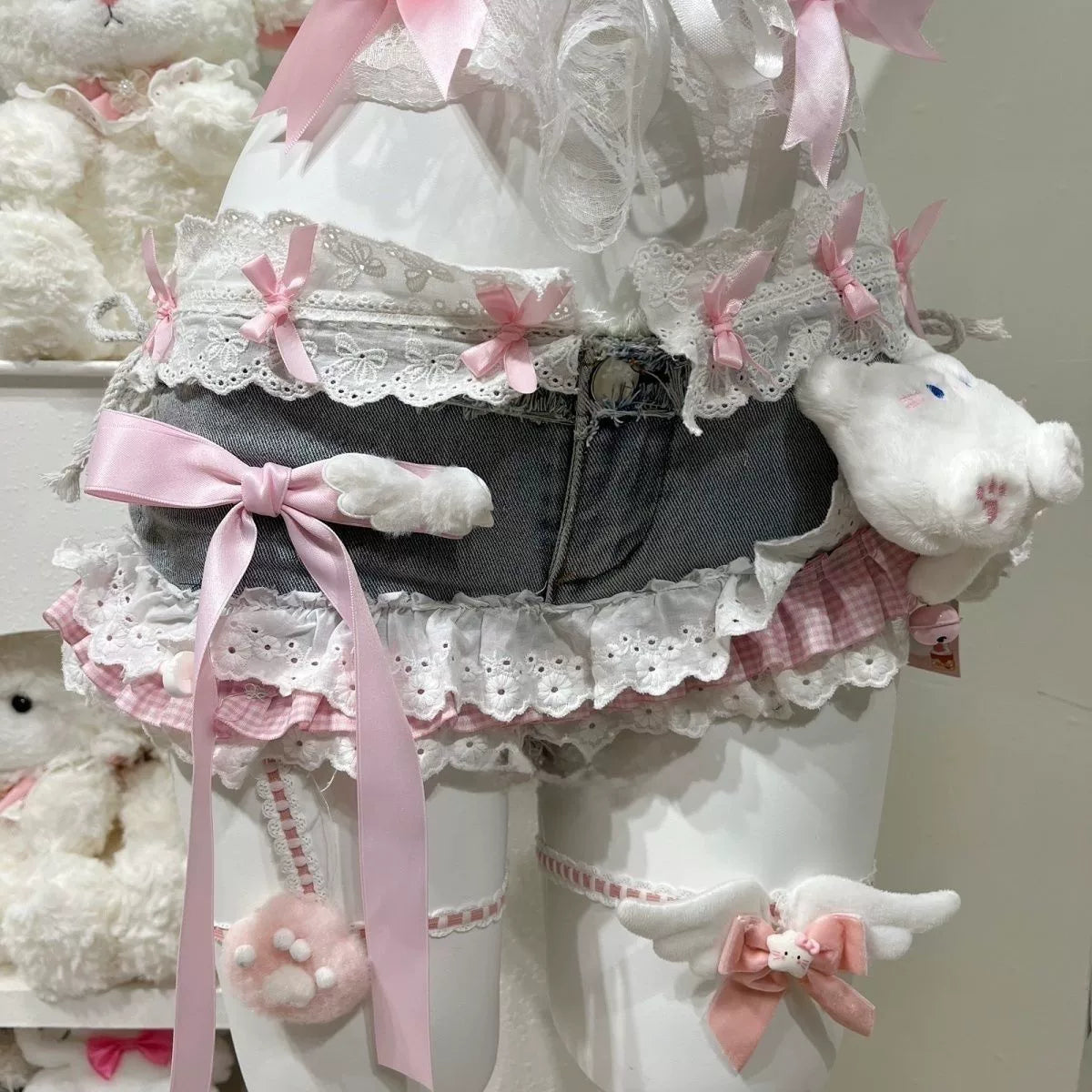 Pink White Lace Bow Cami Shorts Set