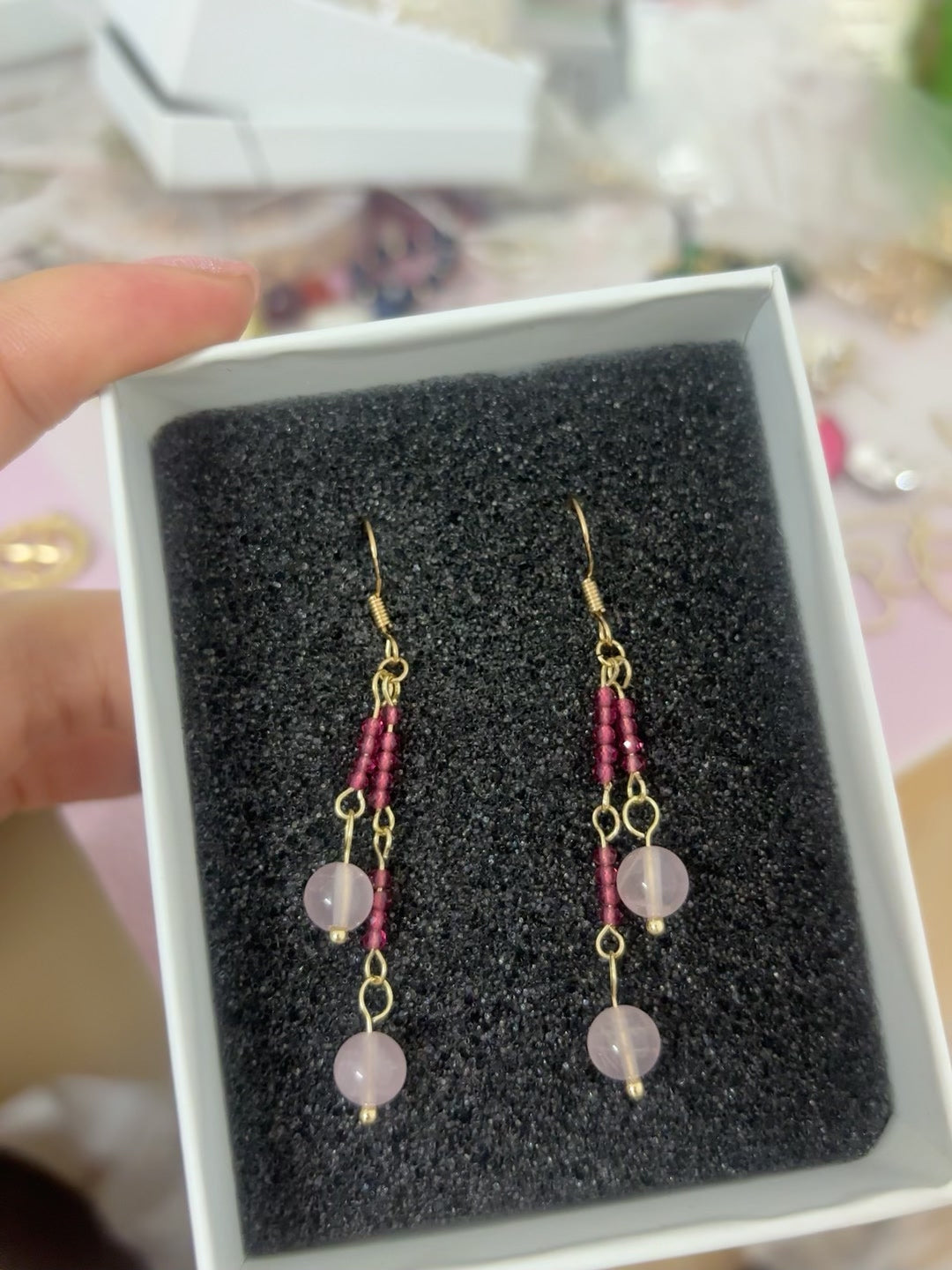 Pink Bead Gold Hook Dangle Earrings