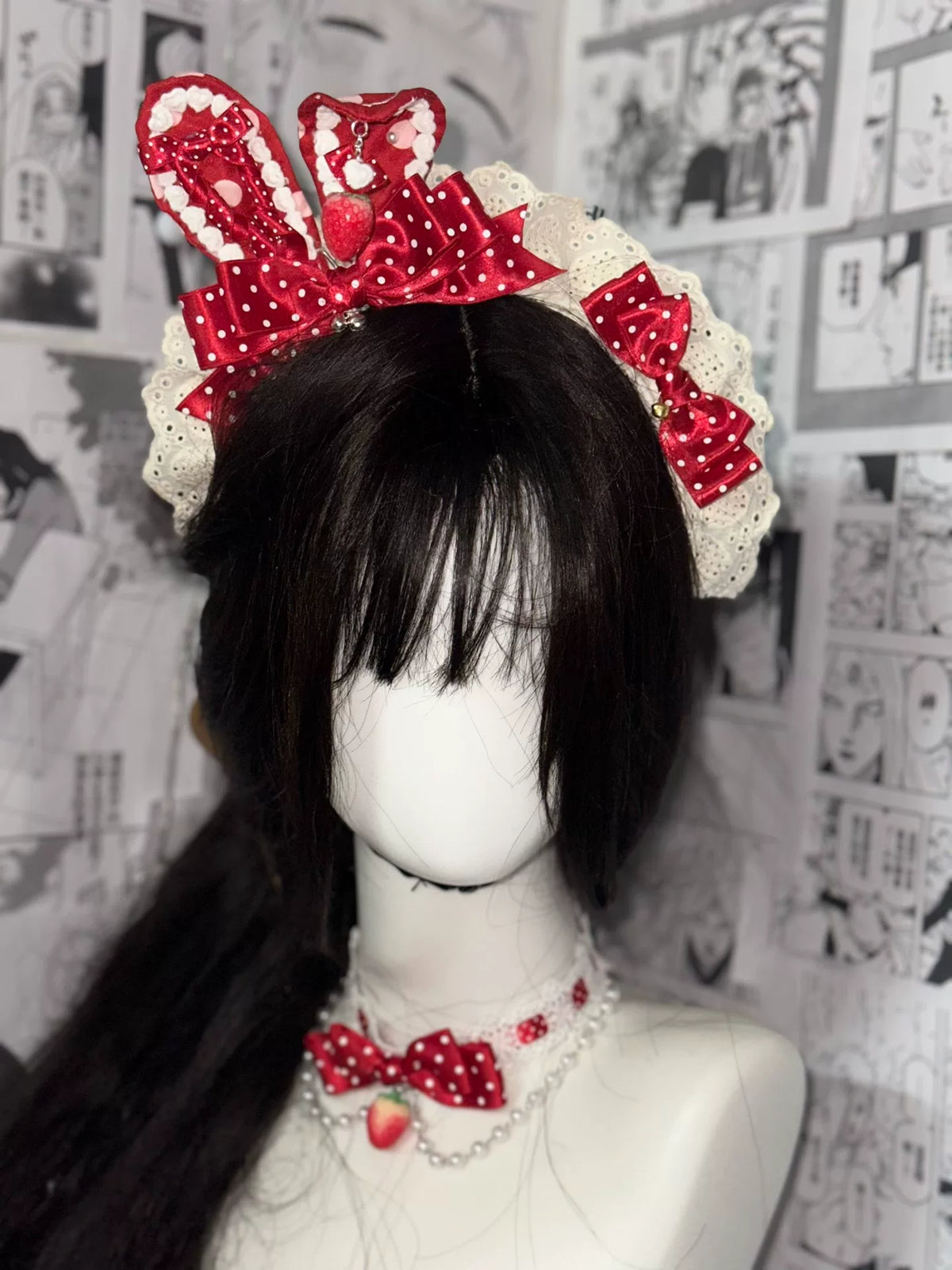 Bandeau à oreilles de lapin en dentelle à pois rouges