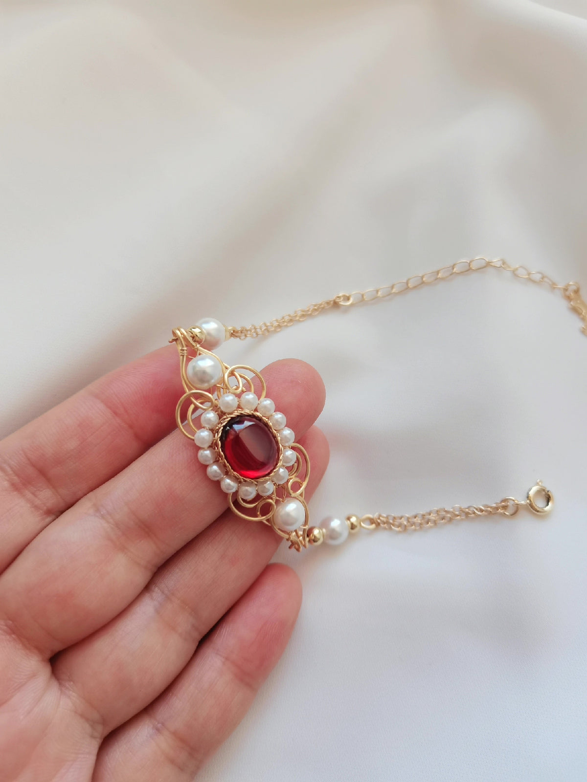 Garnet and Pearl Wire Wrapped Bracelet