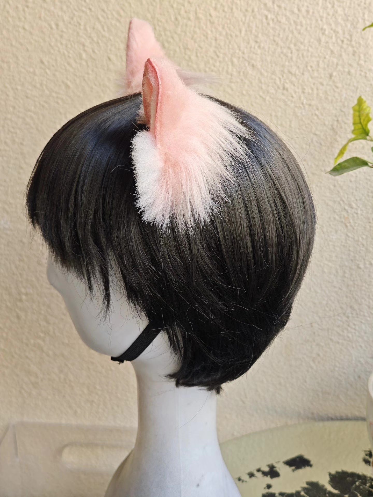 Handmade Cat Ears Headband Pink White Gradient Fur with Pom-Poms