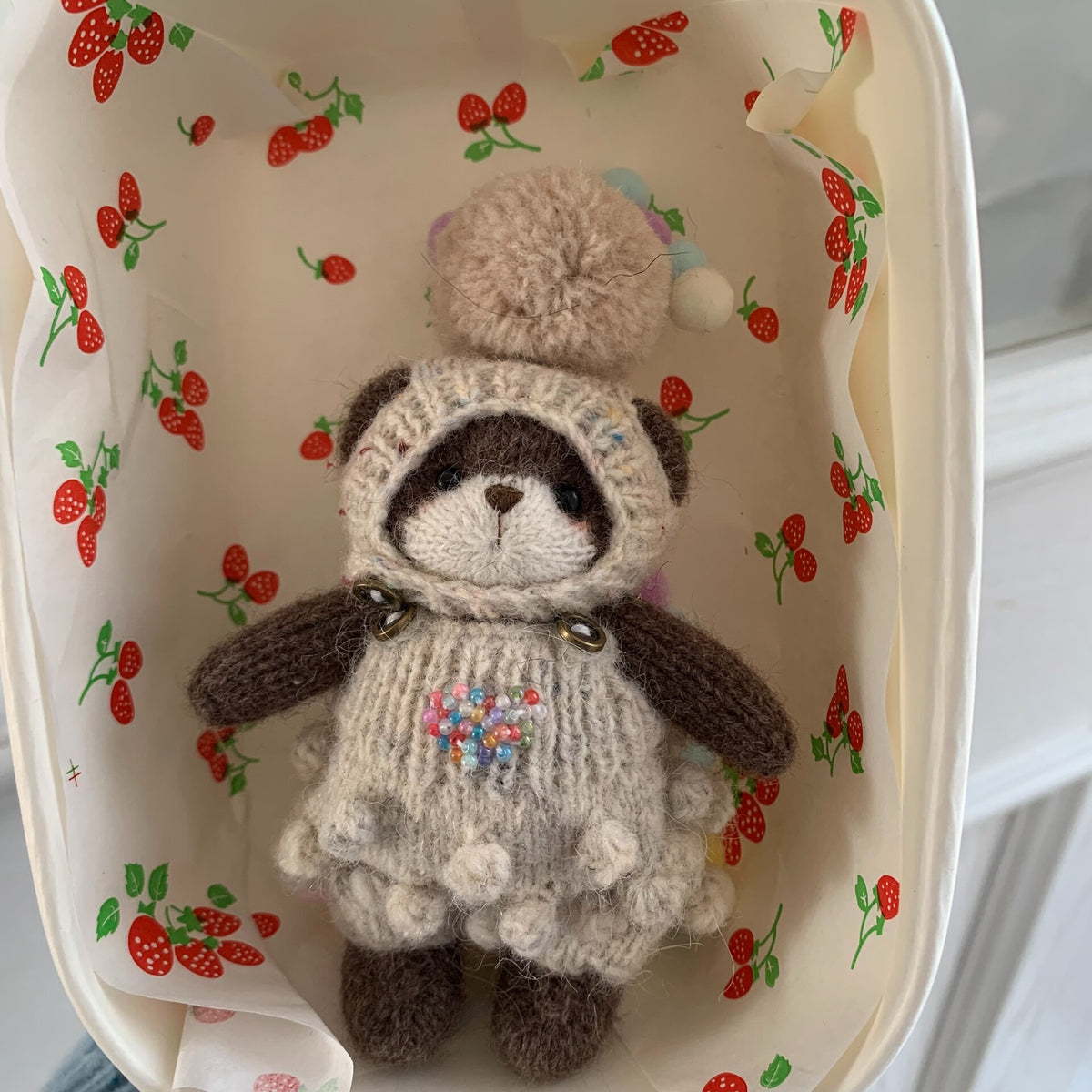 Hand Knitted Brown Teddy Bear with Beaded Sweater