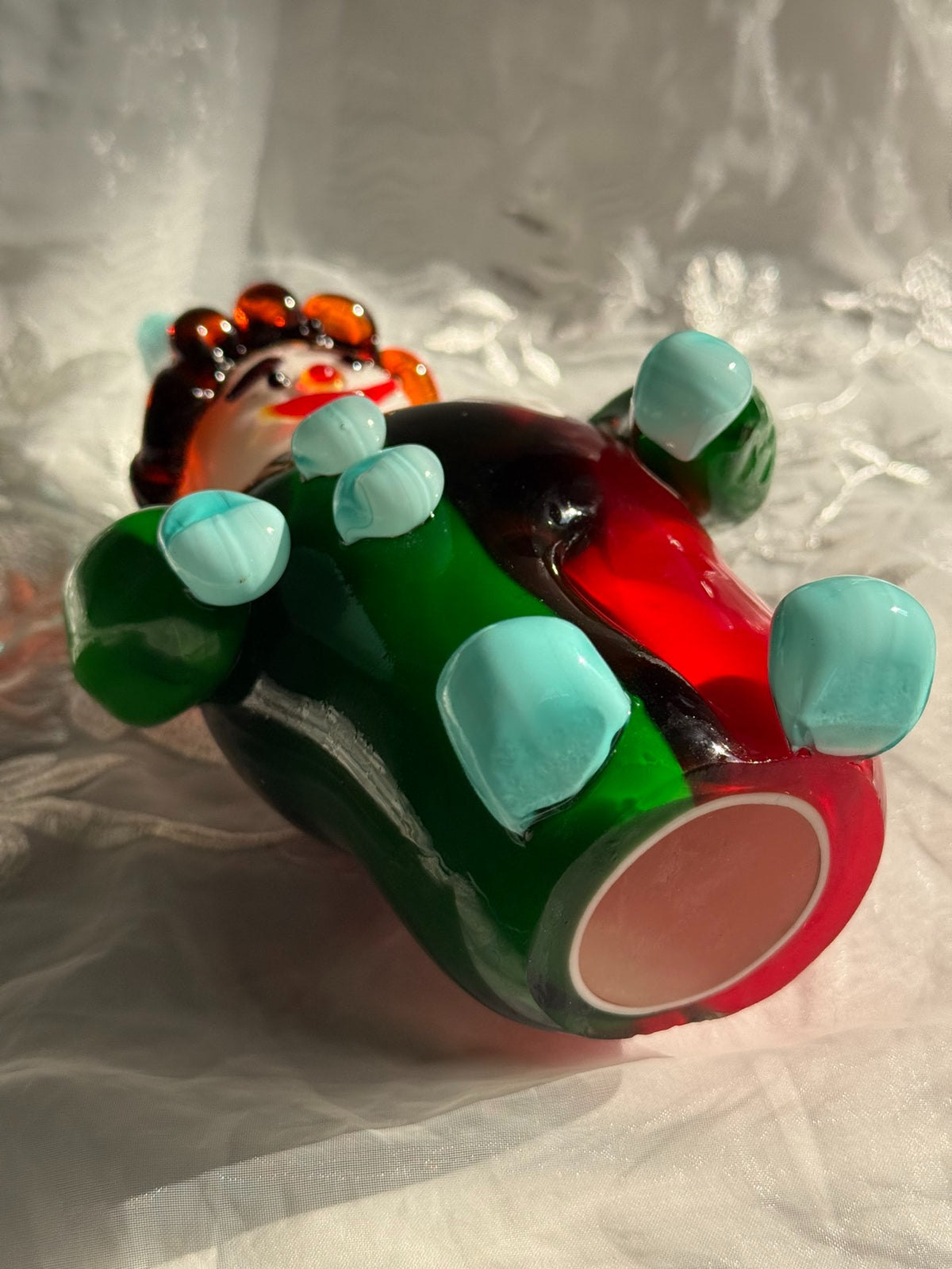 Statuina di Clown in Vetro Vintage con Cappello Petrol Acqua