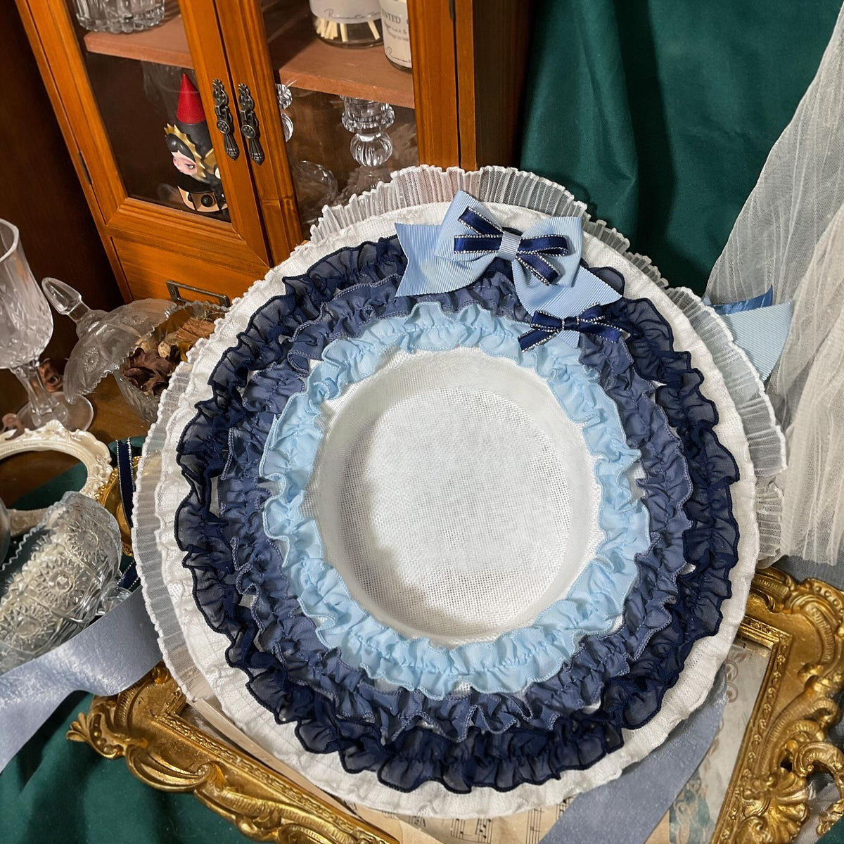 Lolita Flat Hat with Blue Floral Bow