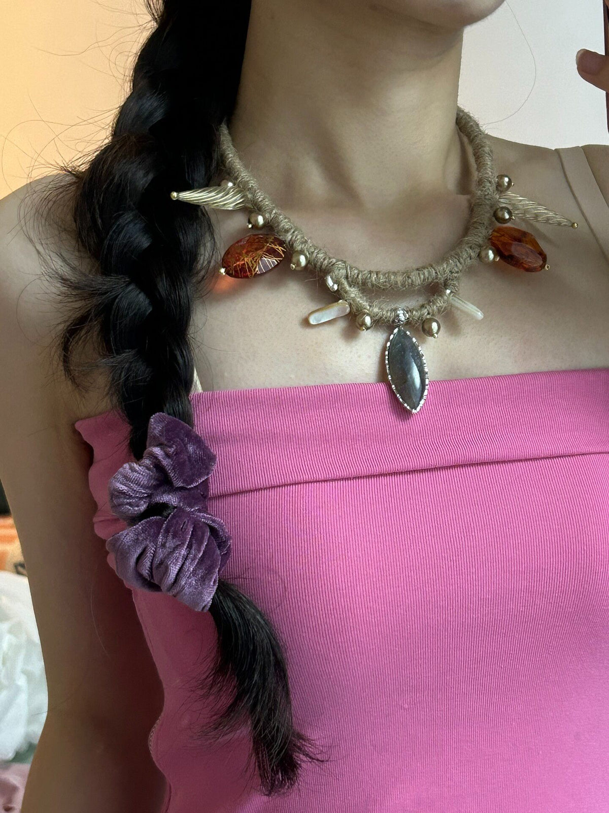 Tribal Hemp Rope Necklace Labradorite Pendant