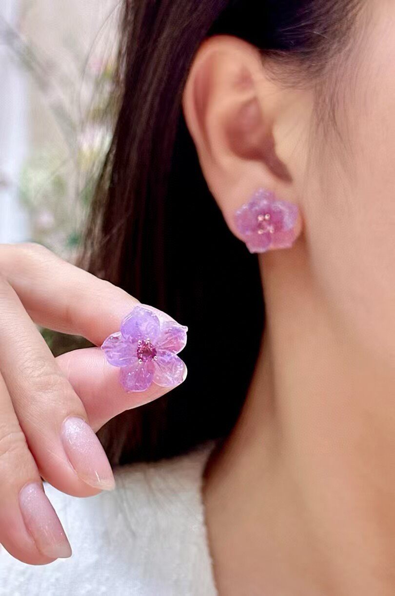 Amethyst Floral Stud Earrings with Pink Sapphire Center in 18K Gold