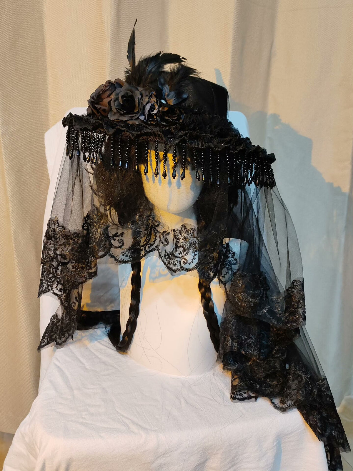Gothic Beaded Veil Hat with Feathers