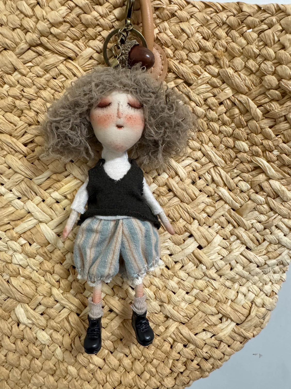Handmade Fabric Doll Pendant with Curly Yarn Hair