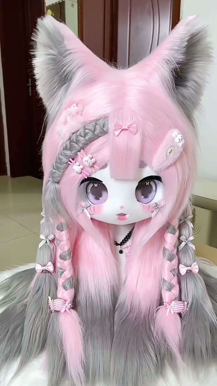 Coiffe de loup et renard en peluche rose pastel