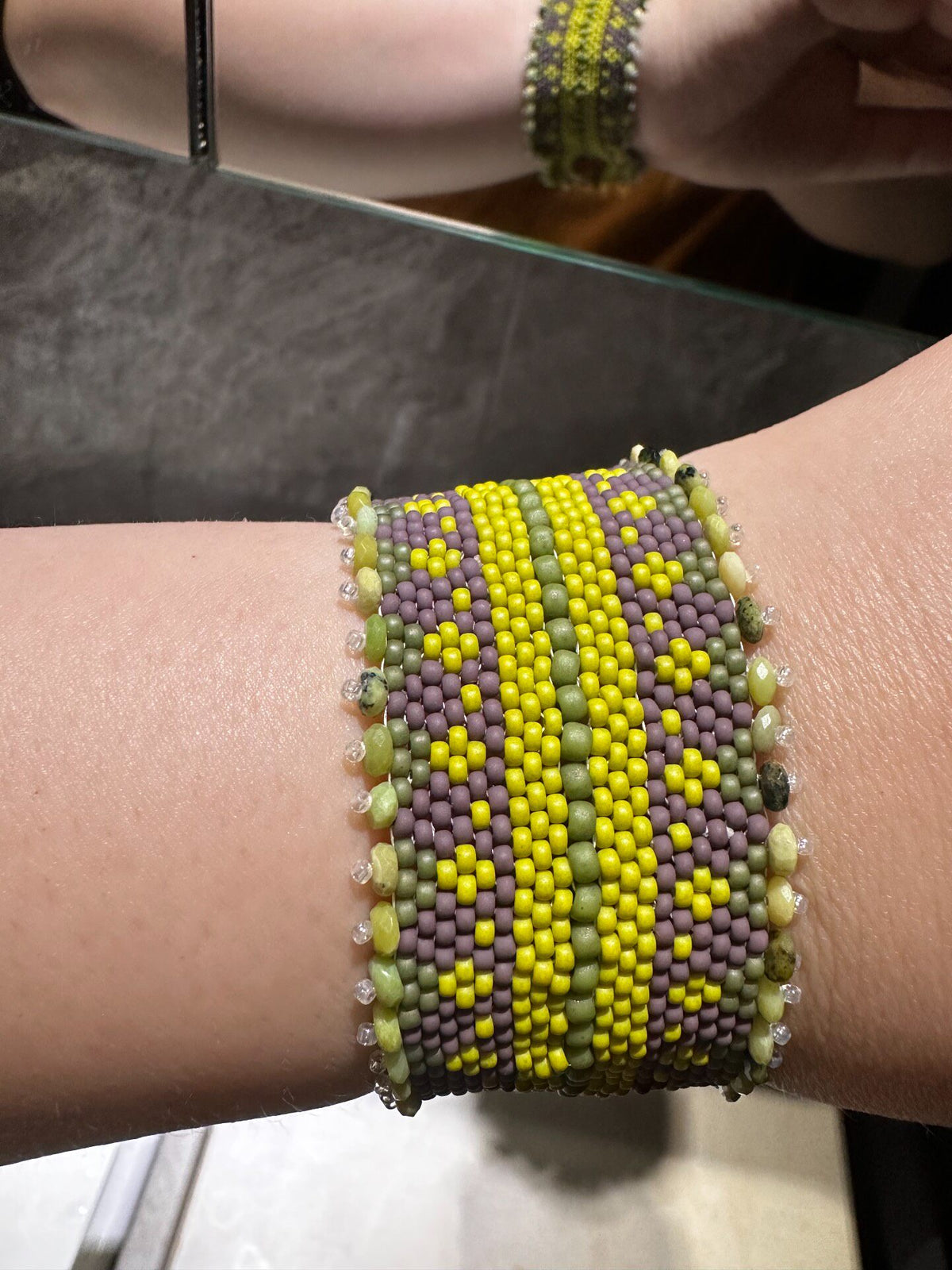 Wide Beaded Bracelet with Green Opal