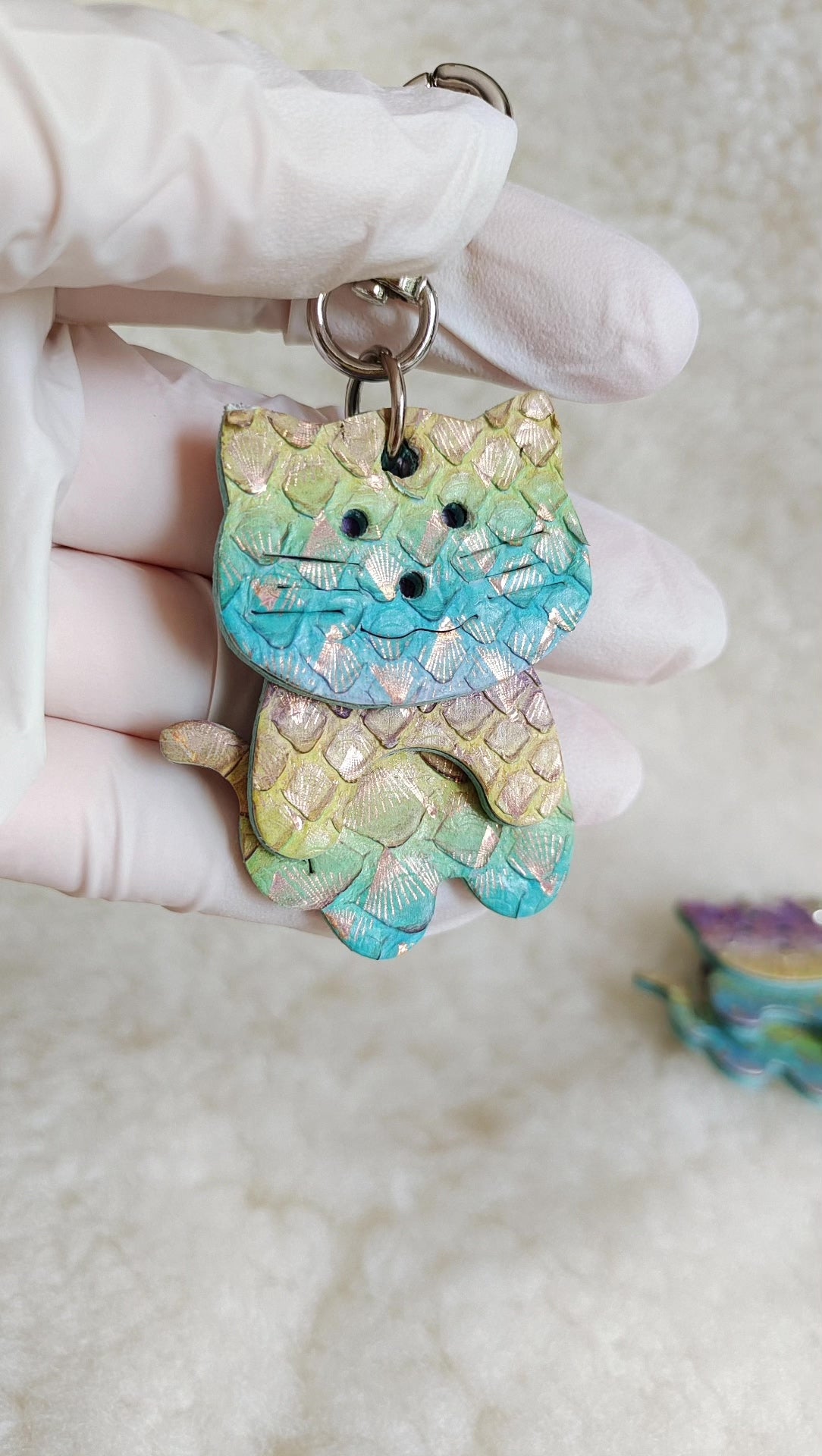 Iridescent Dragon Scale Cat Leather Keychain