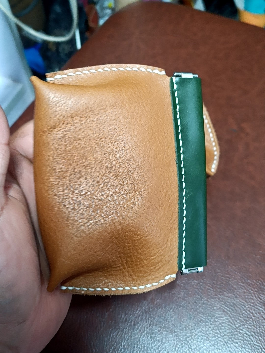 ハンドメイド 本革 フルグレインレザー 小銭入れ ブラウン グリーン