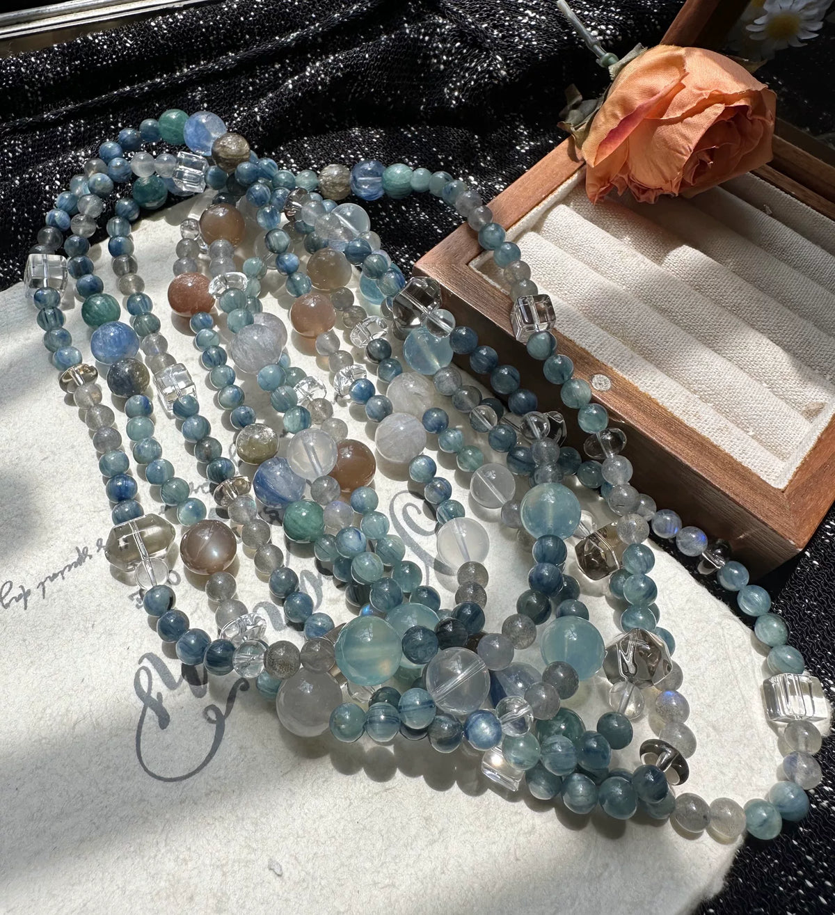 Natural Crystal Double Loop Bracelet Blue Green Moonstone