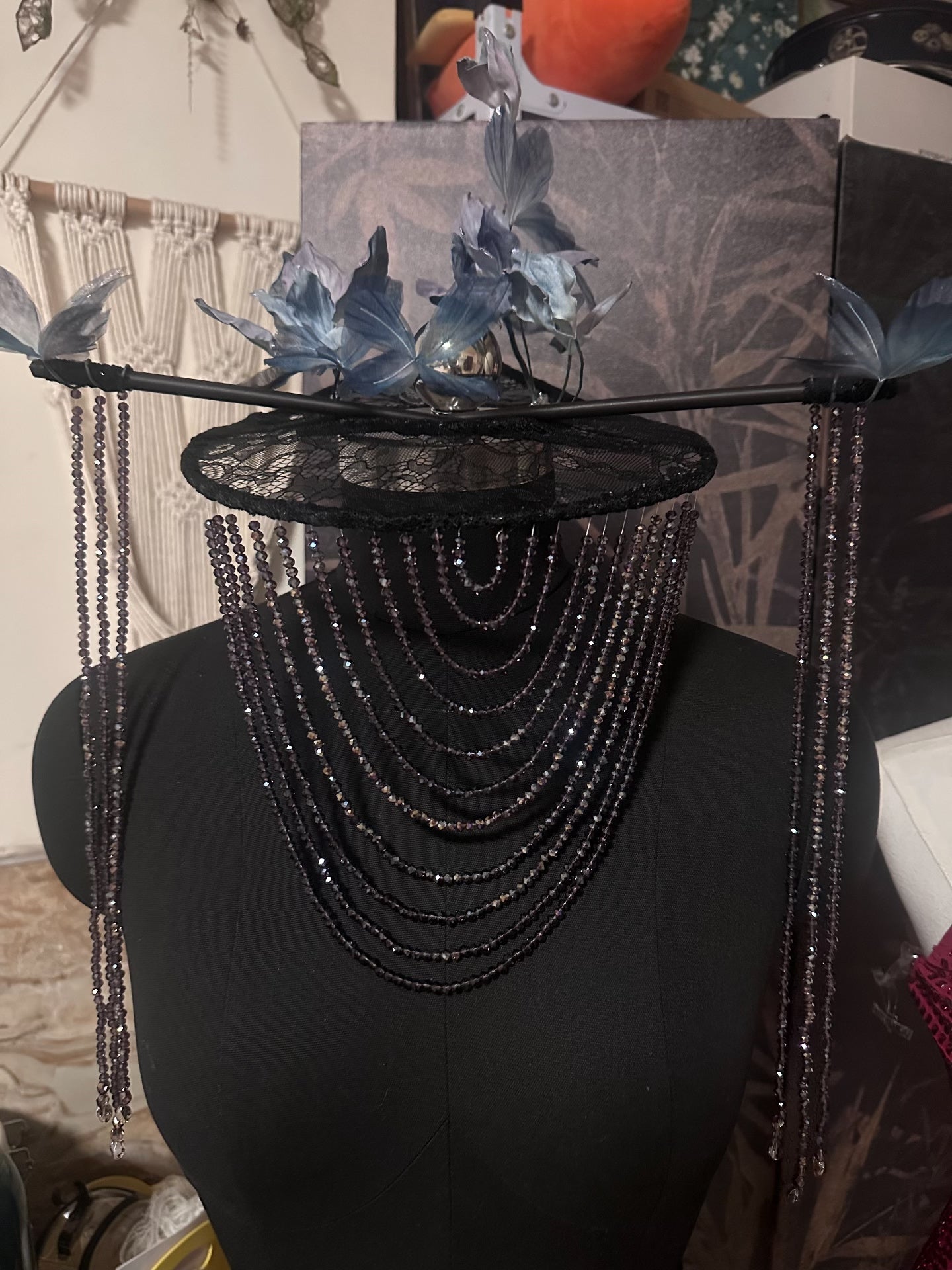 Custom Black Lace Veil Hat with Silk Flowers, Beaded Fringe, and Metallic Bee Ornament