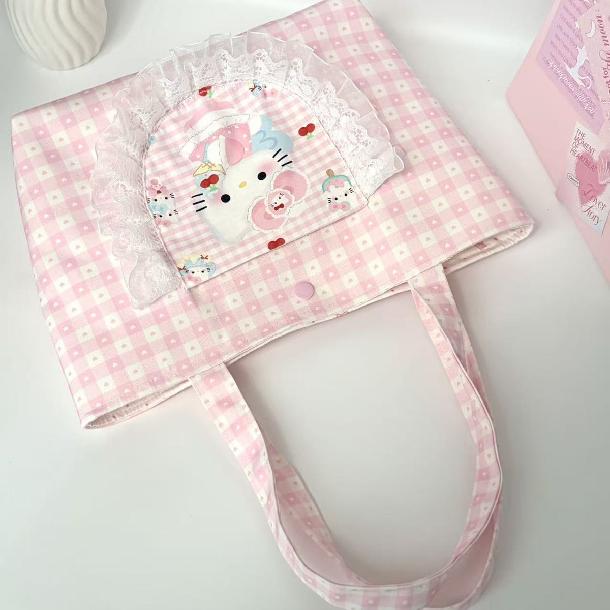 Pink Gingham Kawaii Tote Bag