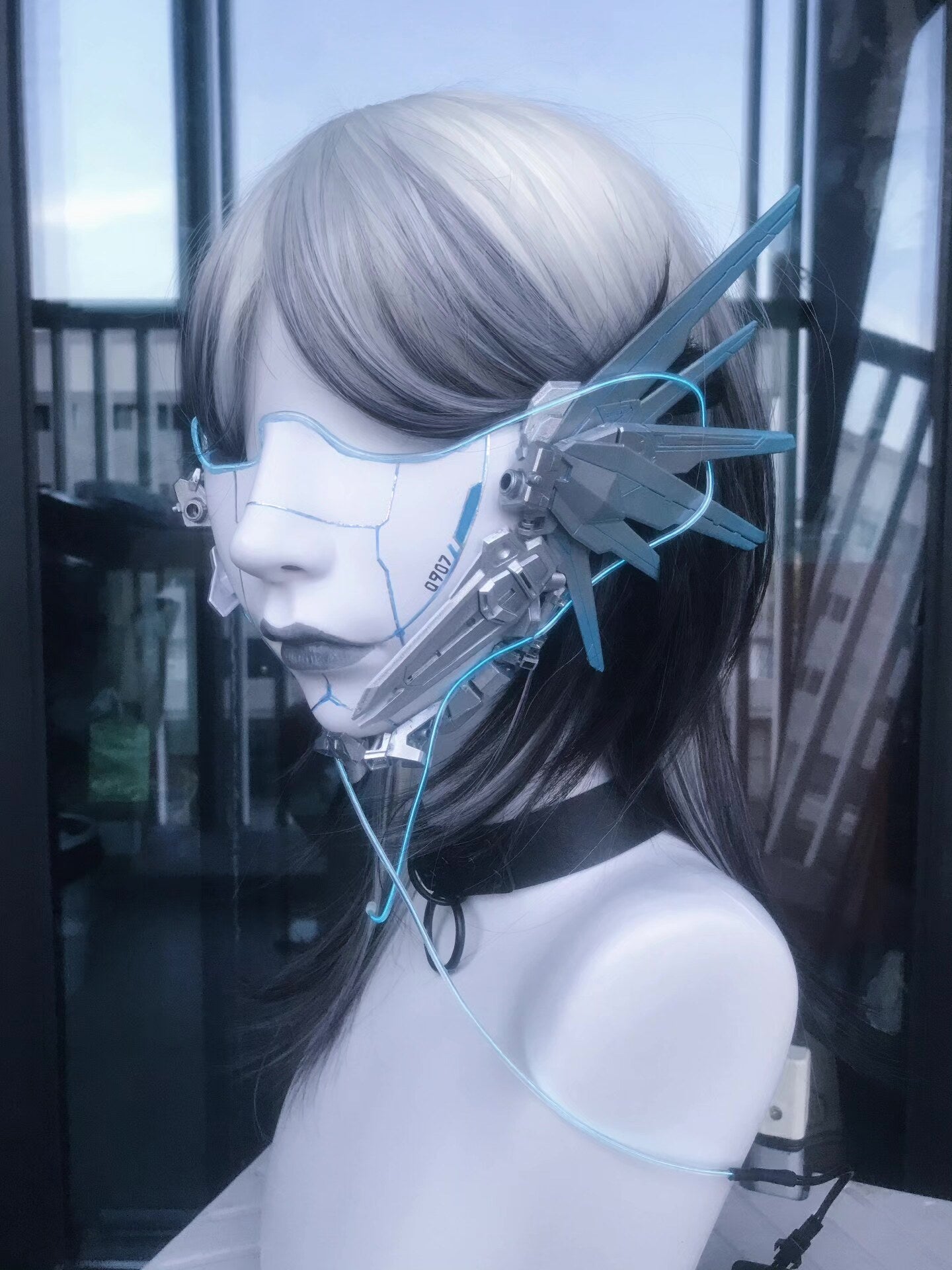 Cyberpunk Half-Face Mask with Cyan Fiber Optic Lighting