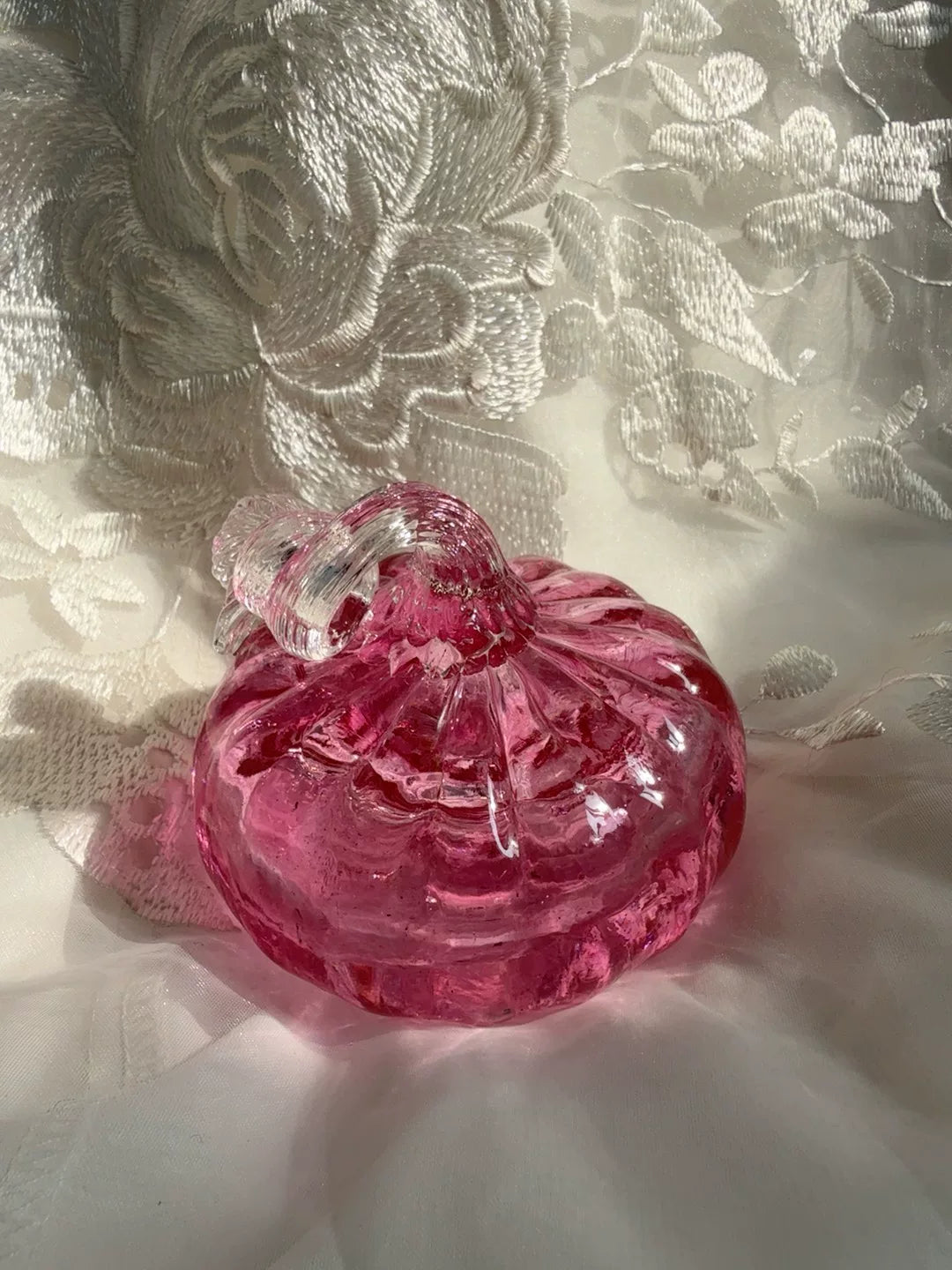 Pink Glass Pumpkin Figurines with Green Stems