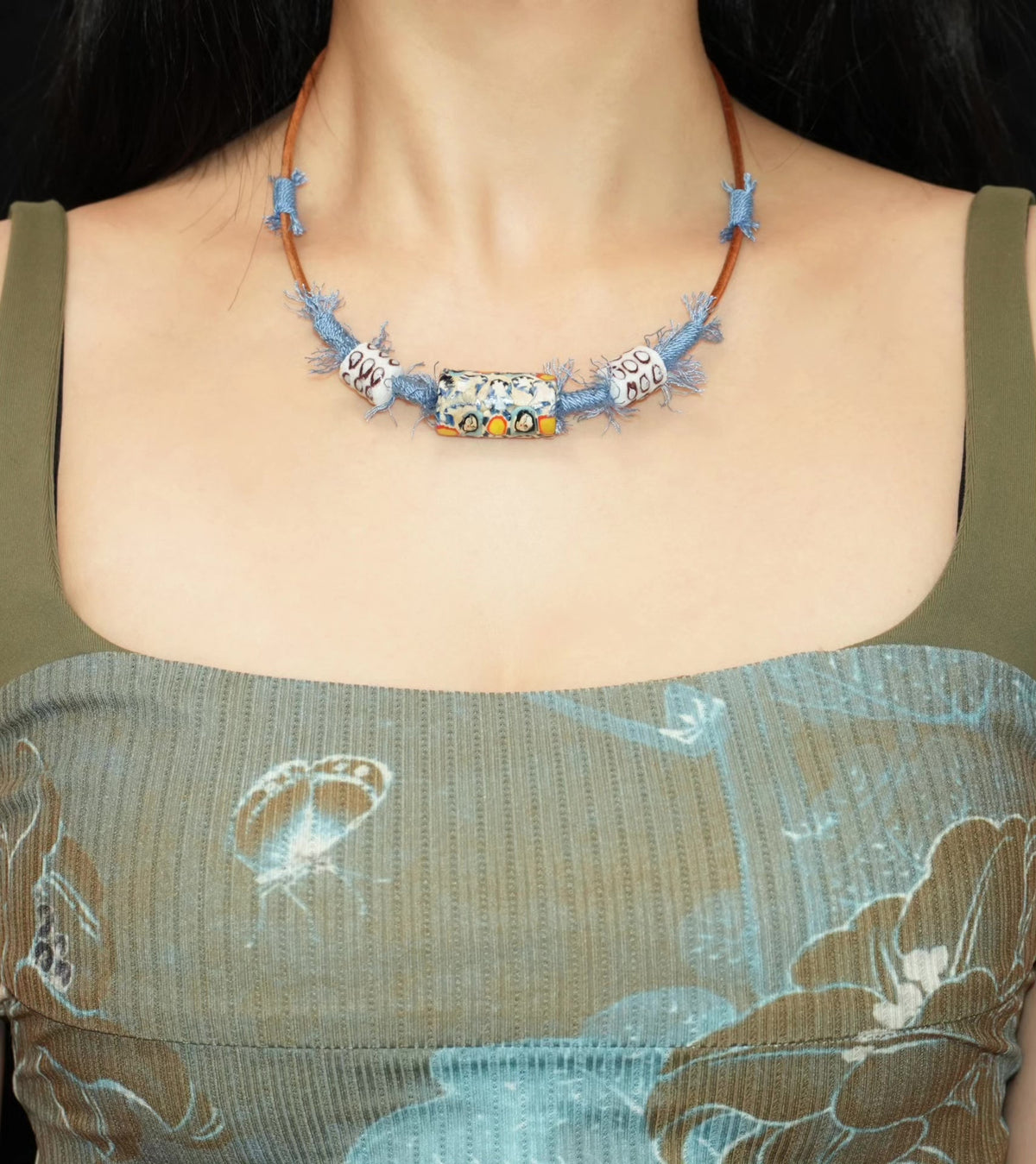 Handmade Glass Bead Necklace with Leather Cord