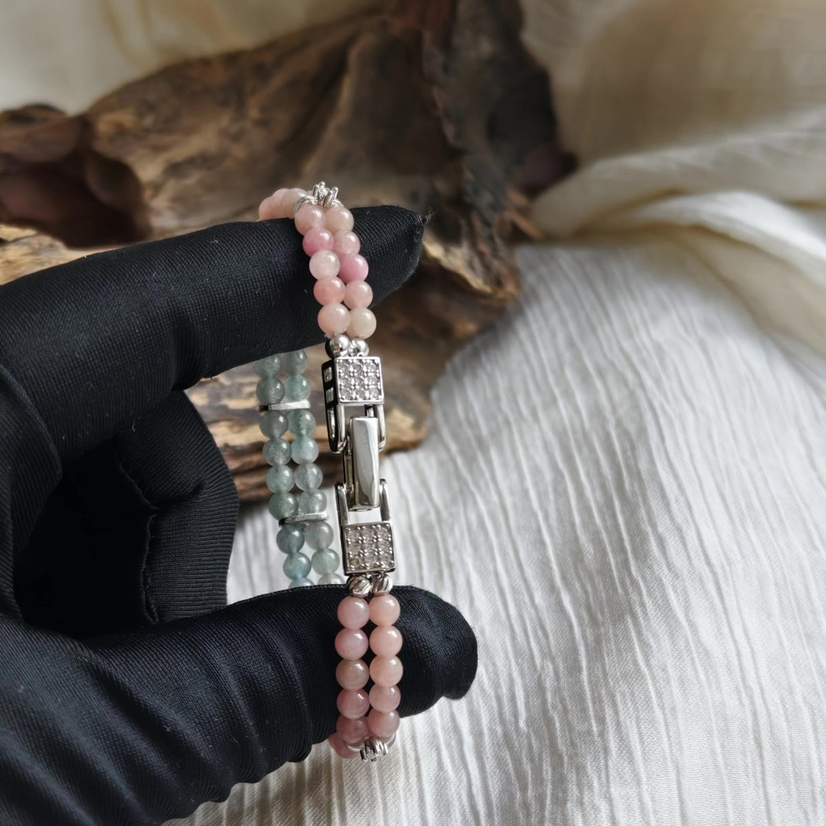 Pink Blue Tourmaline Double Row Bead Bracelet