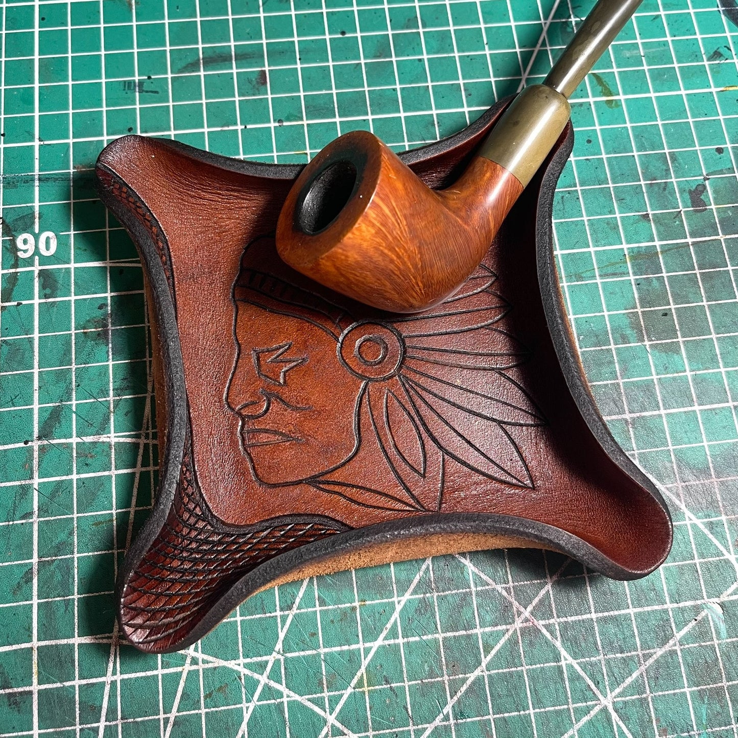 Square Vegetable-Tanned Leather Tray with Carved Portrait