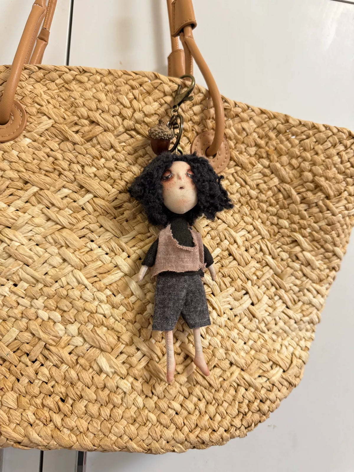 Handmade Fabric Doll Keychain with Curly Yarn Hair