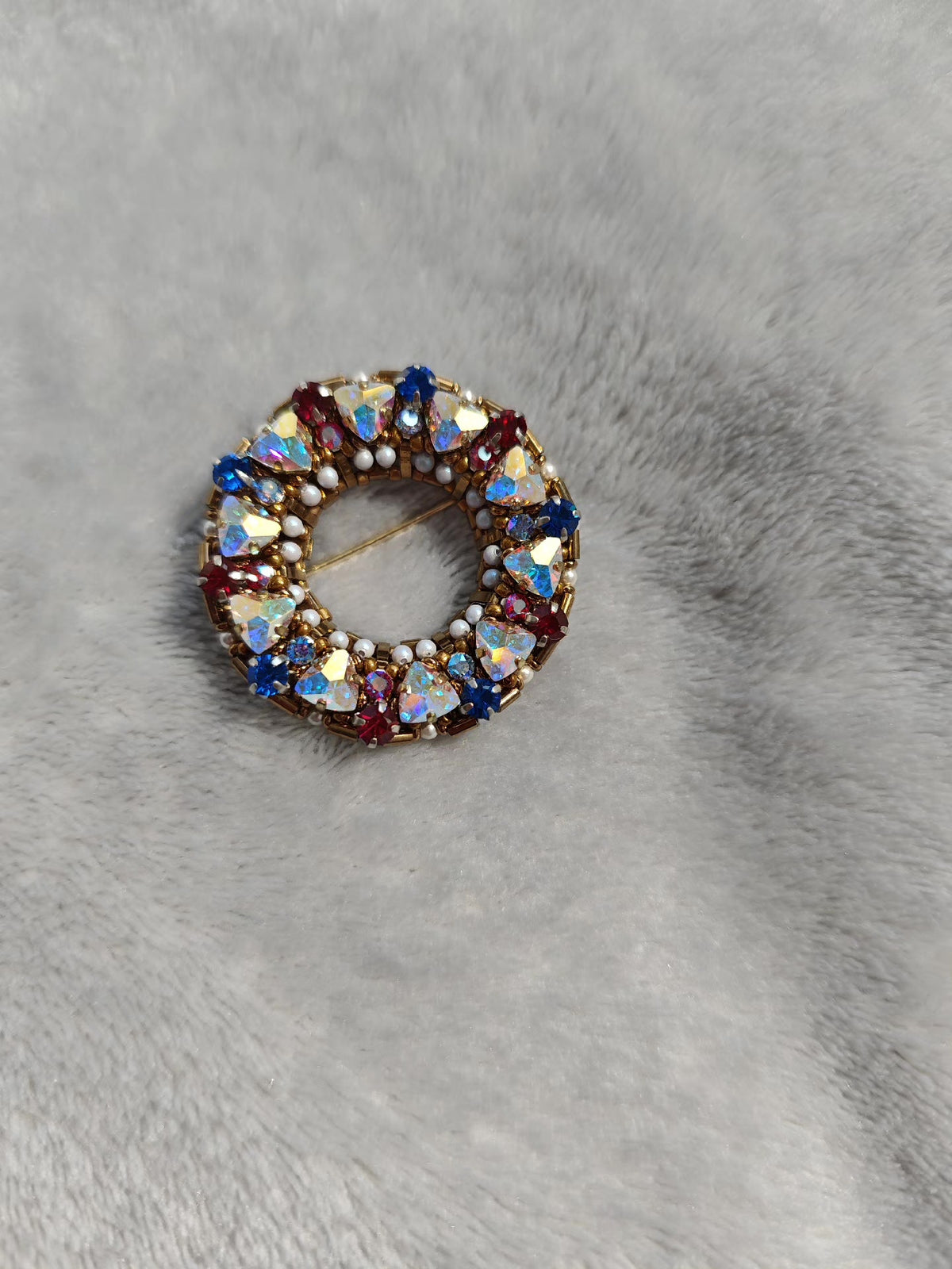 Red Blue Crystal Circle Brooch