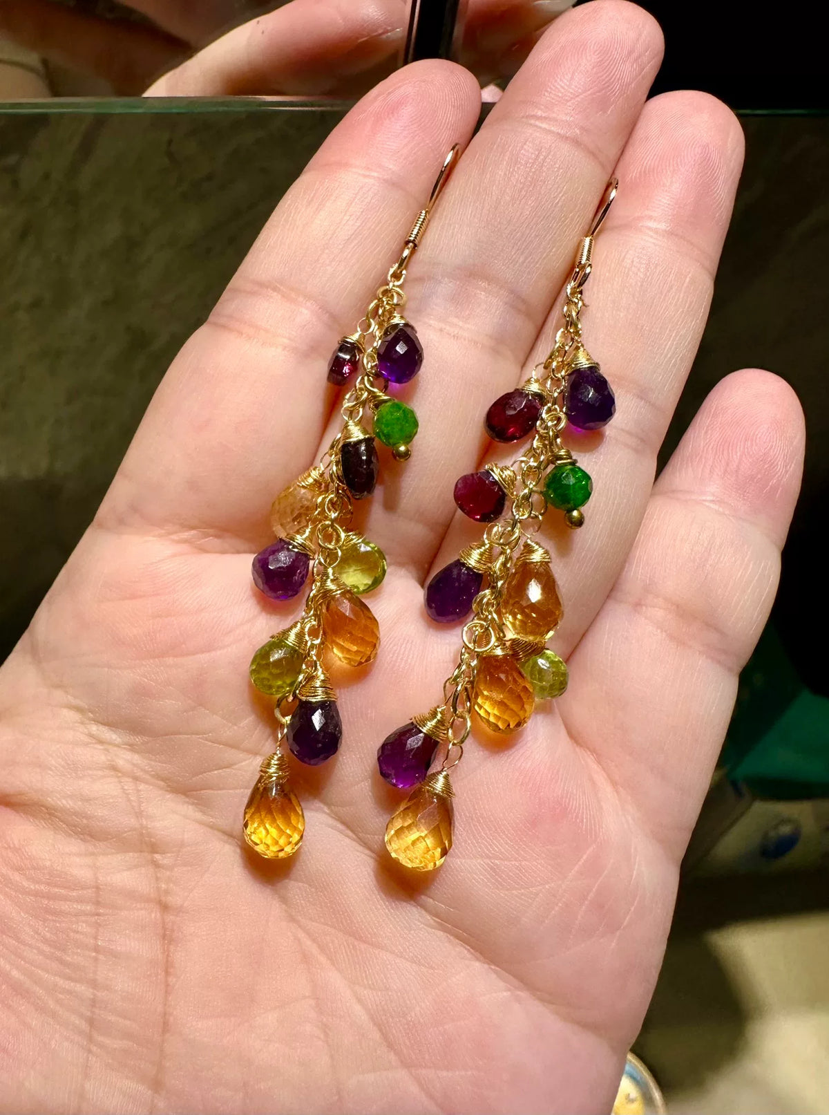 Natural Gemstone Tassel Earrings Gold Plated