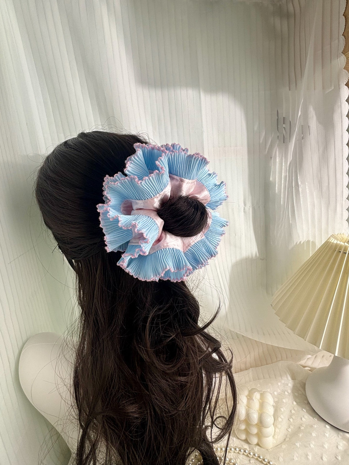 Scrunchie per capelli a forma di ortensia rosa e azzurro