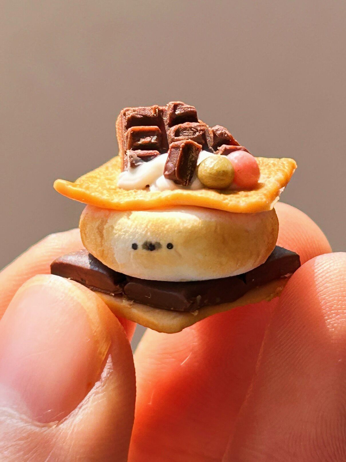 Miniature S'mores Sandwich Replica with Toasted Marshmallow Face