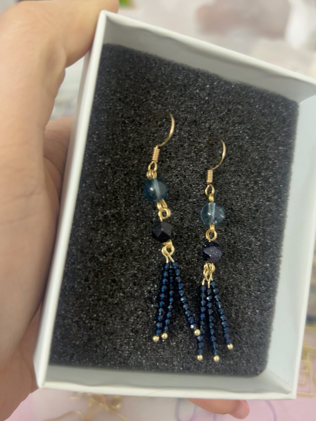 Blue Beaded Tassel Dangle Earrings