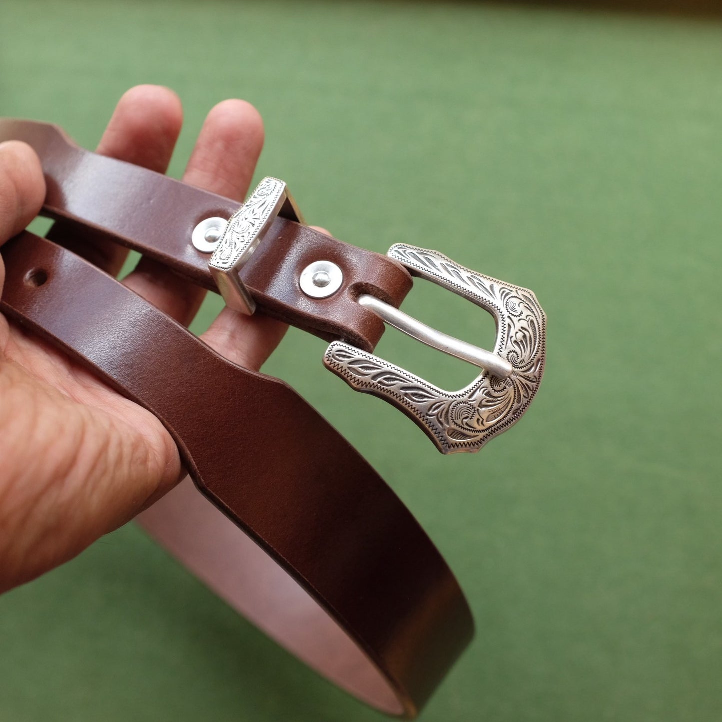 Tapered Leather Belt with Engraved Metal Buckle