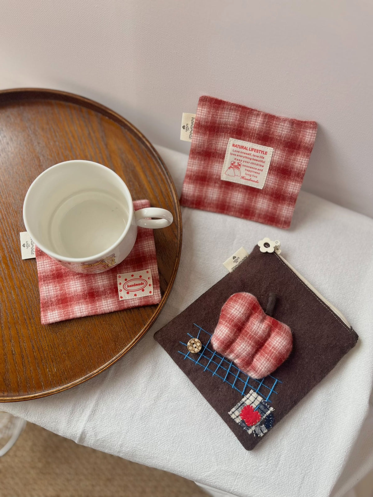 Handmade Apple Pouch with Red Plaid Cup Mats