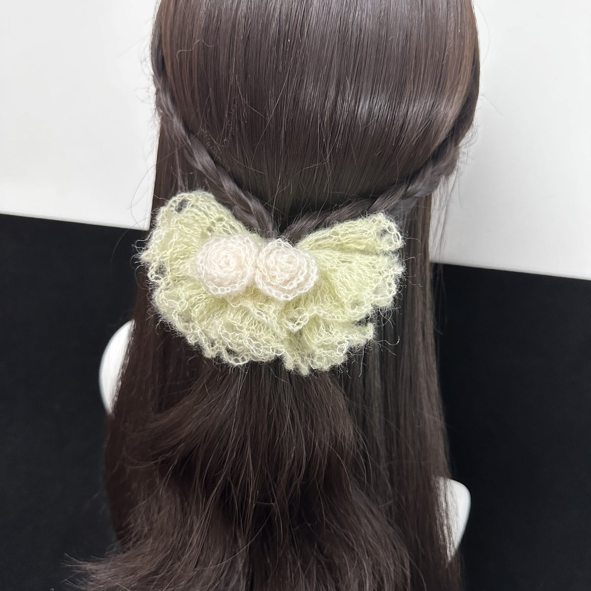 Crocheted Ruffled Scrunchie with Pink Rosettes