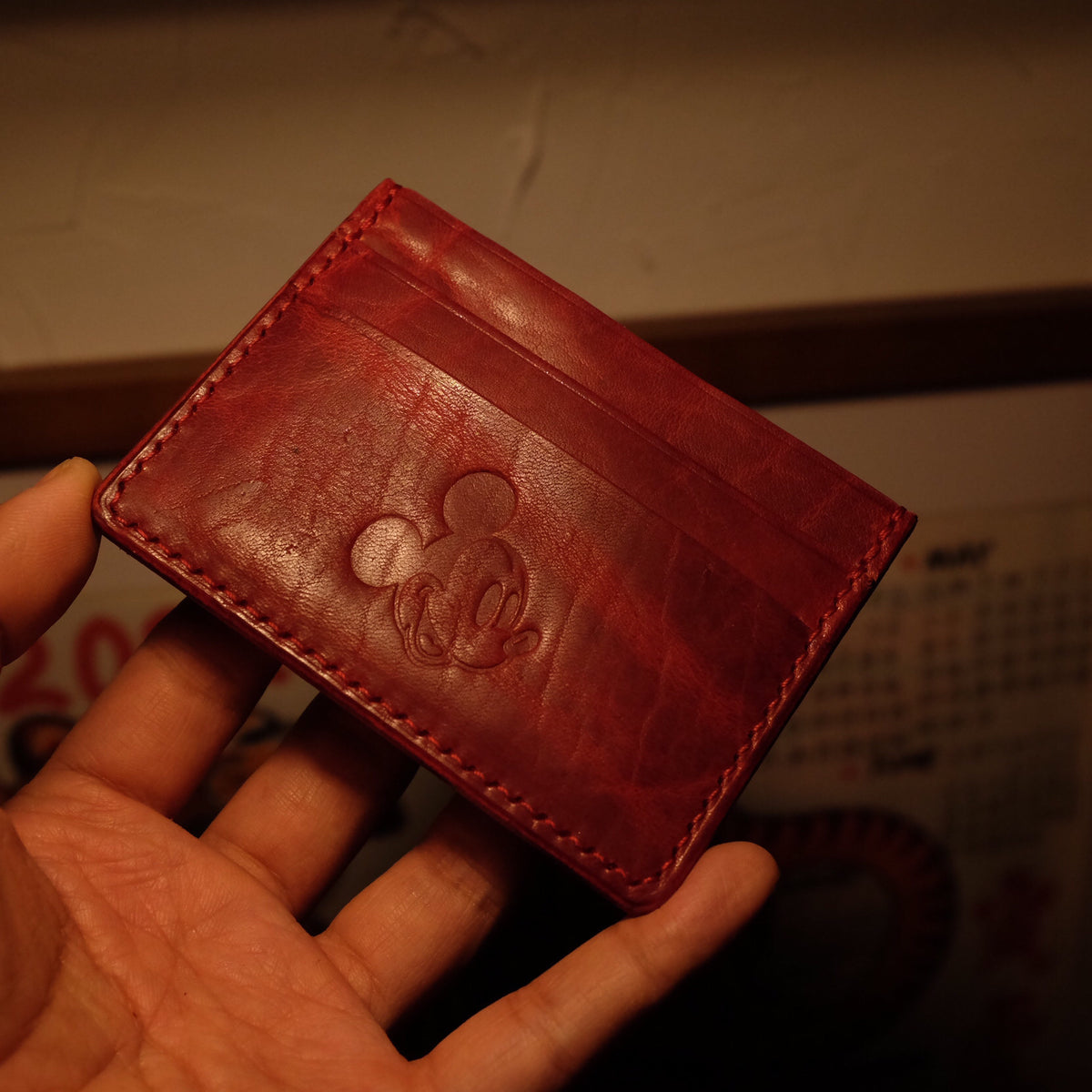 Red Leather Card Holder Mickey Embossed