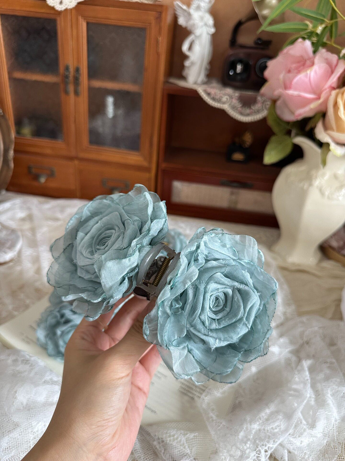 Handcrafted Fabric Rose Hair Claw Dusty Blue