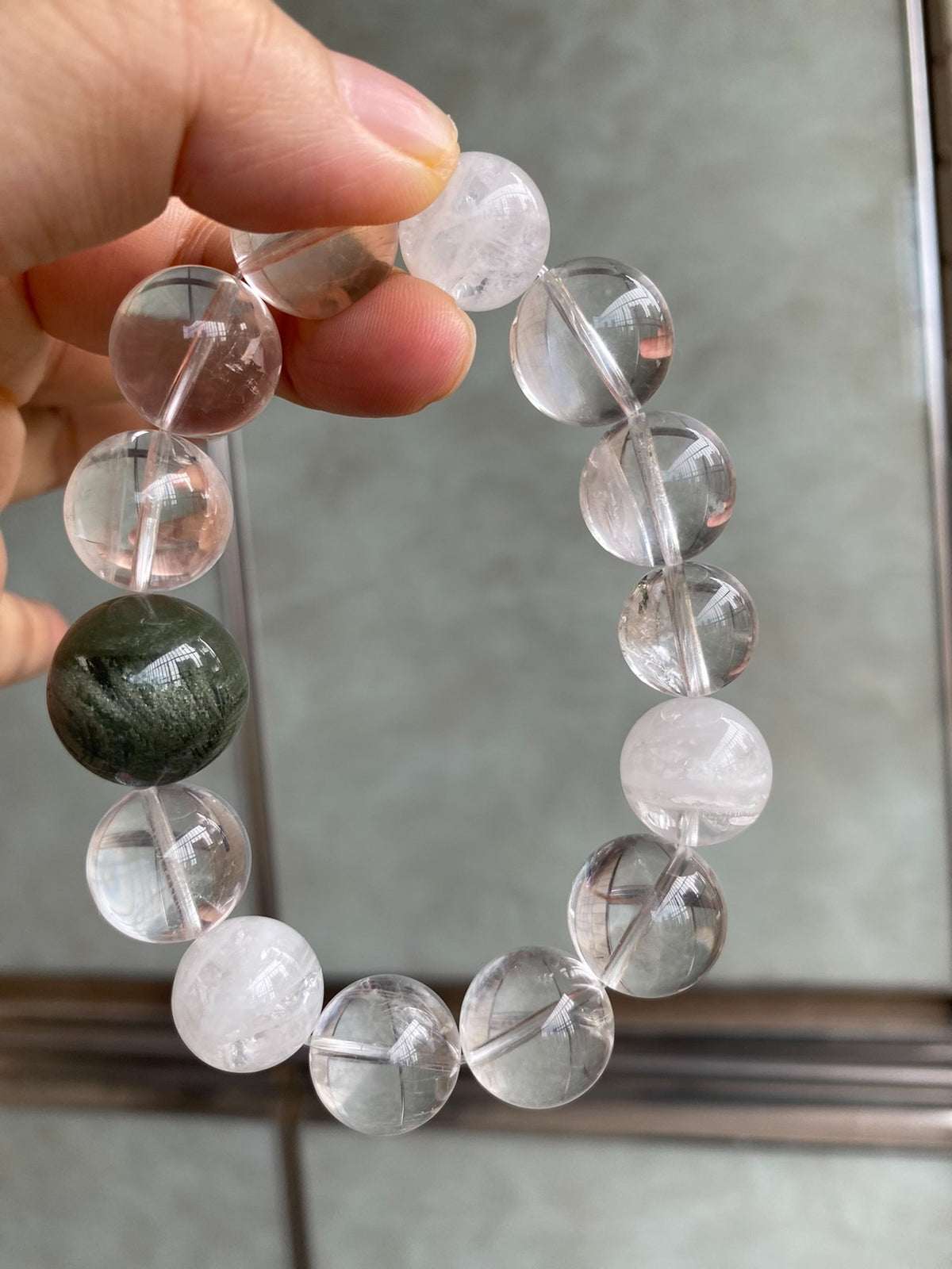 Natural Quartz Crystal Bracelet with Green Phantom Bead