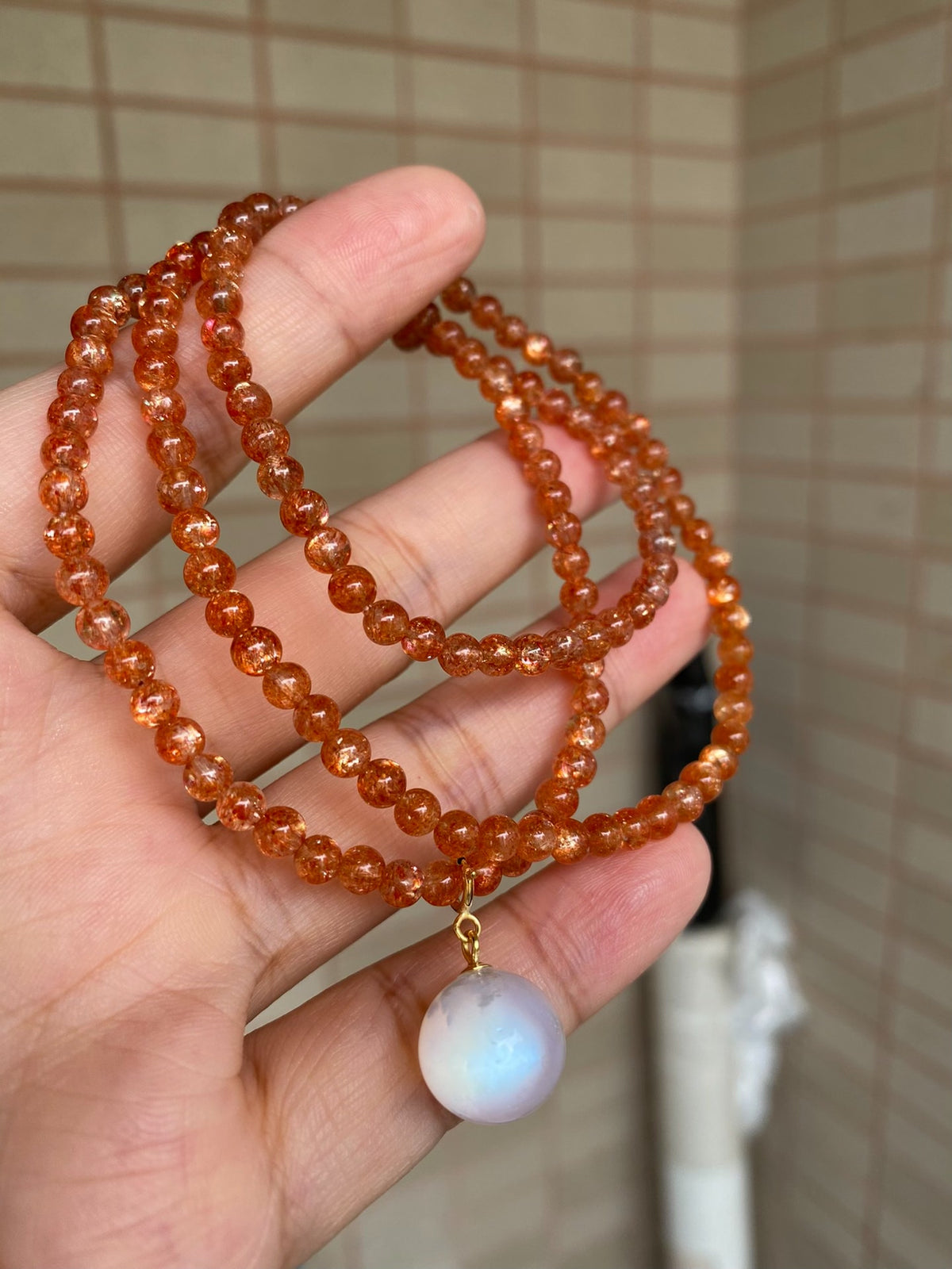 Triple Wrap Golden Sunstone Bracelet Blue Moonstone