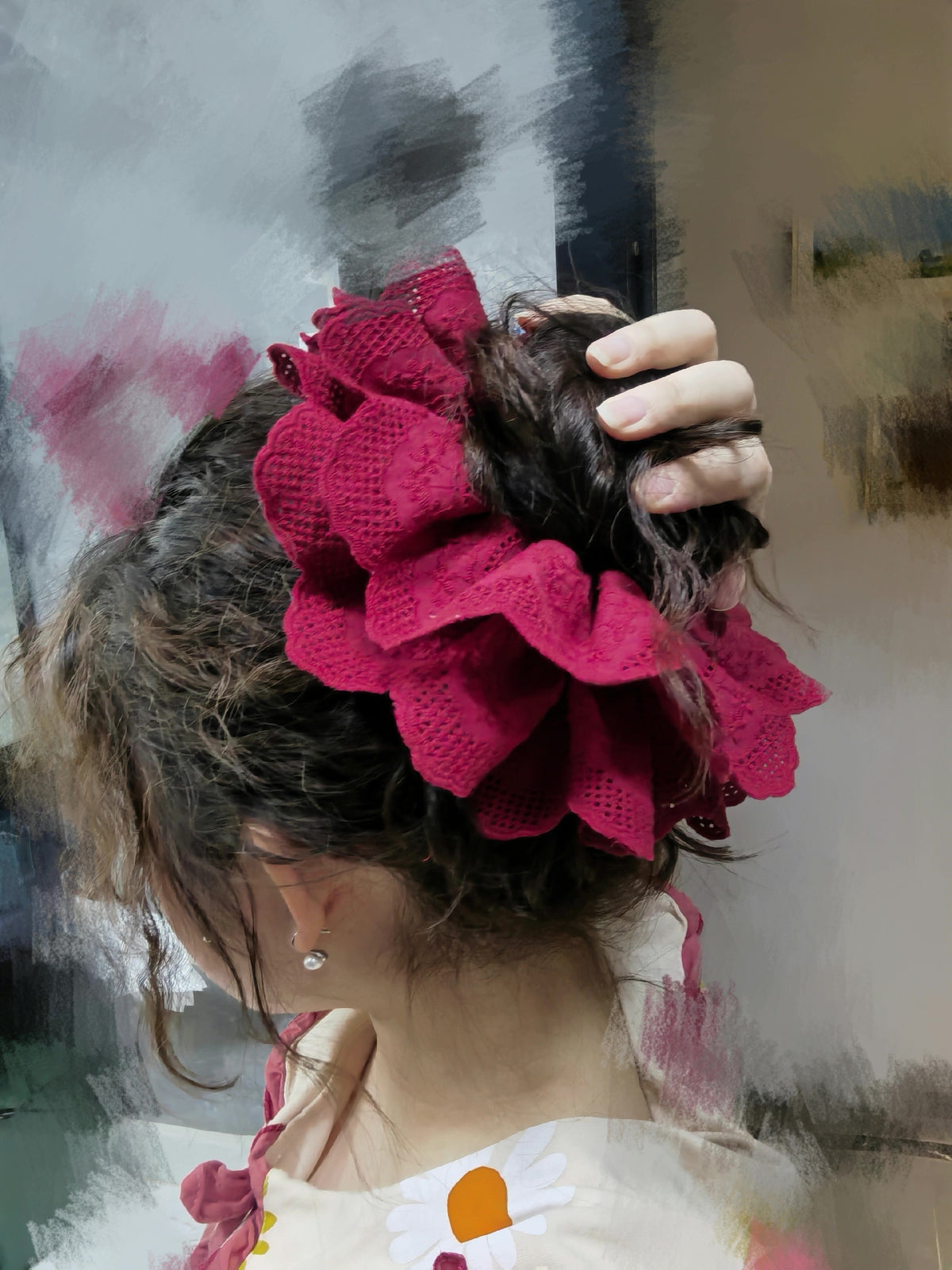 Oversized Wine Red Double Layer Lace Scrunchie