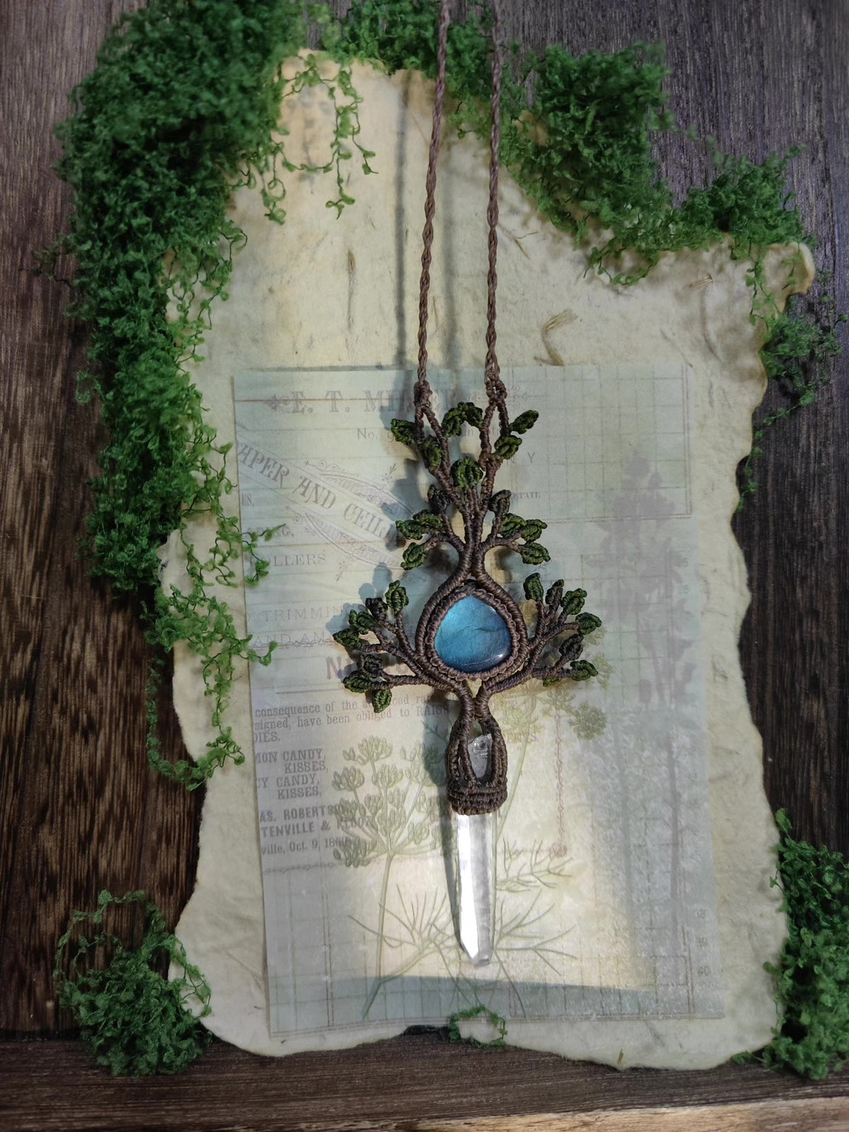 Handmade Labradorite Tree Necklace Brown Cord