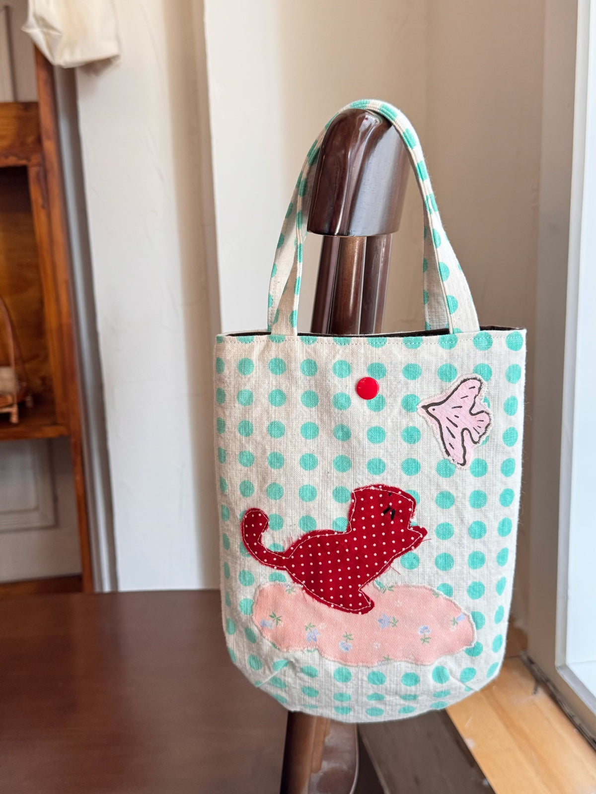 Handmade Mint Green Polka Dot Tote Bag