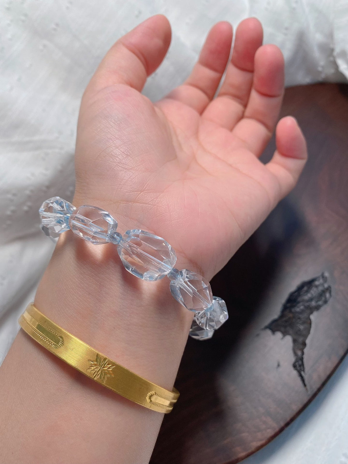 Faceted White Quartz Aquamarine Beaded Bracelet